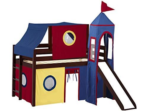 JACKPOT! JACKPOT! Castle Low Loft Bed with Slide, Red Yellow and Blue Tent and Tower, Twin, Cherry