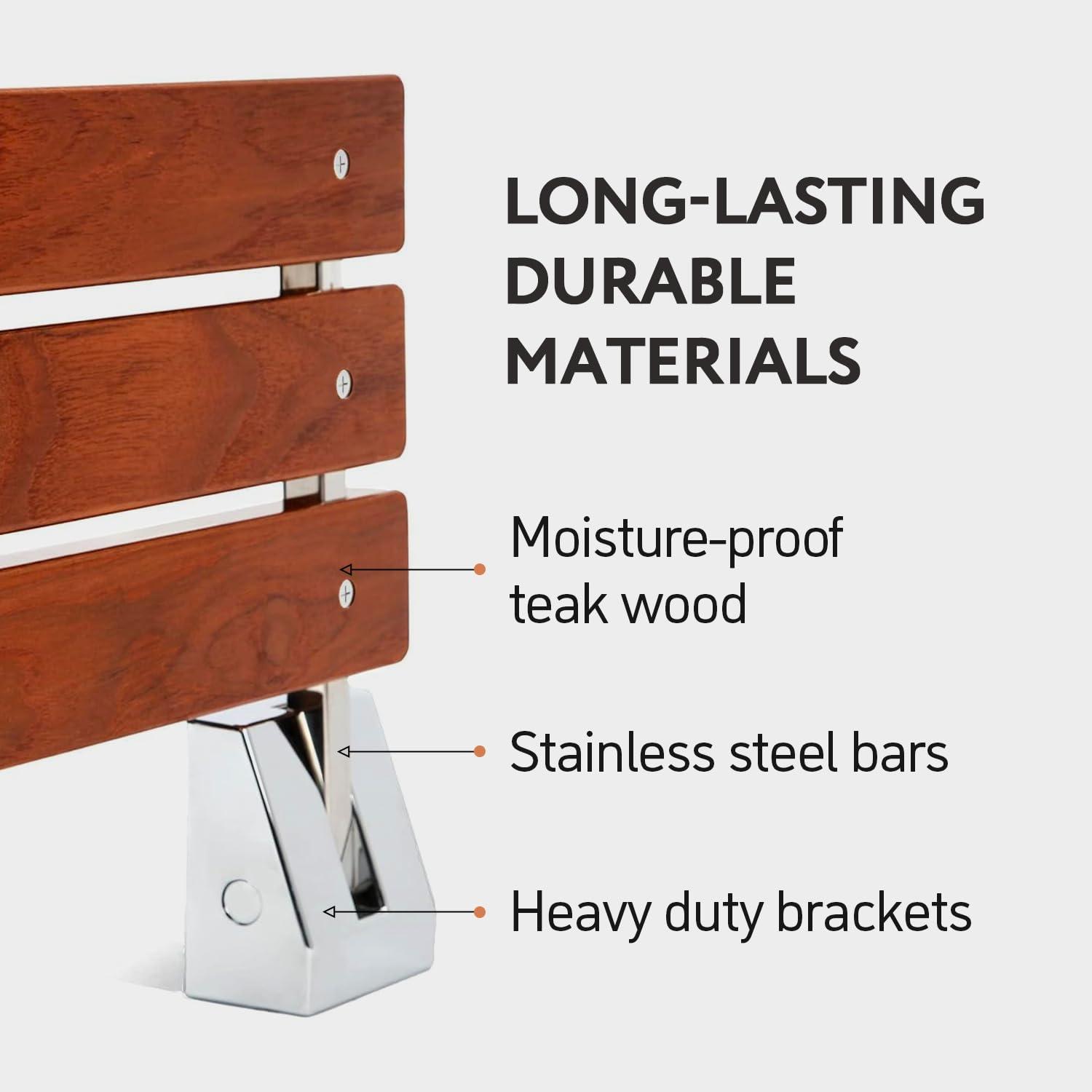 Kenley Folding Shower Seat - Teak Shower Seat Wall Mounted - 16 Inch Floating Fold Down in Shower Bench - Fold Up Bathroom Stool - Foldable Teak Wood Chair with Stainless Steel Wall Mount - 330lb Capacity