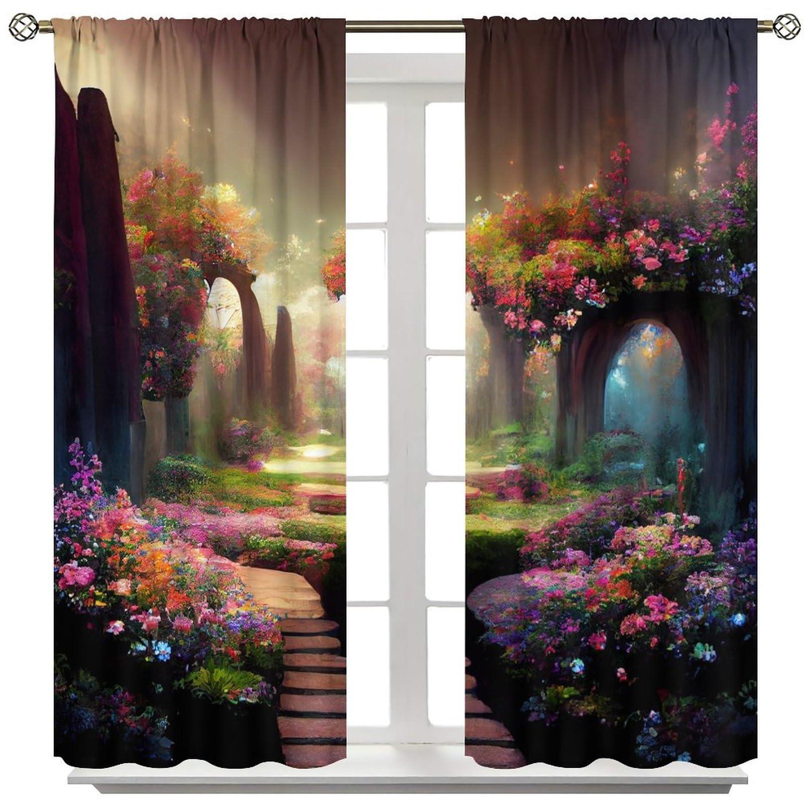 DDCBNS DDCBNS Magical Garden Windows Curtains,Fantasy Forest Window Treatments for Bedroom Living Room Dreamland Nature Landscape Flowers Trees Drapes 2 Panels Set,Total Size 84 x 84 Inch