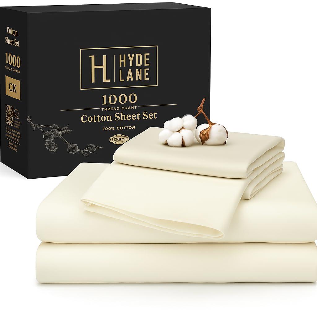 Hyde Lane Hyde Lane Luxury 1000 Thread Count 100% Cotton California King Bed Sheets | Very Comfy Soft & Thick with Deep Pocket - Fits up to 18\" Mattress, Cotton Bed Sheets Cal King - 4 PC (Ivory/Cream)
