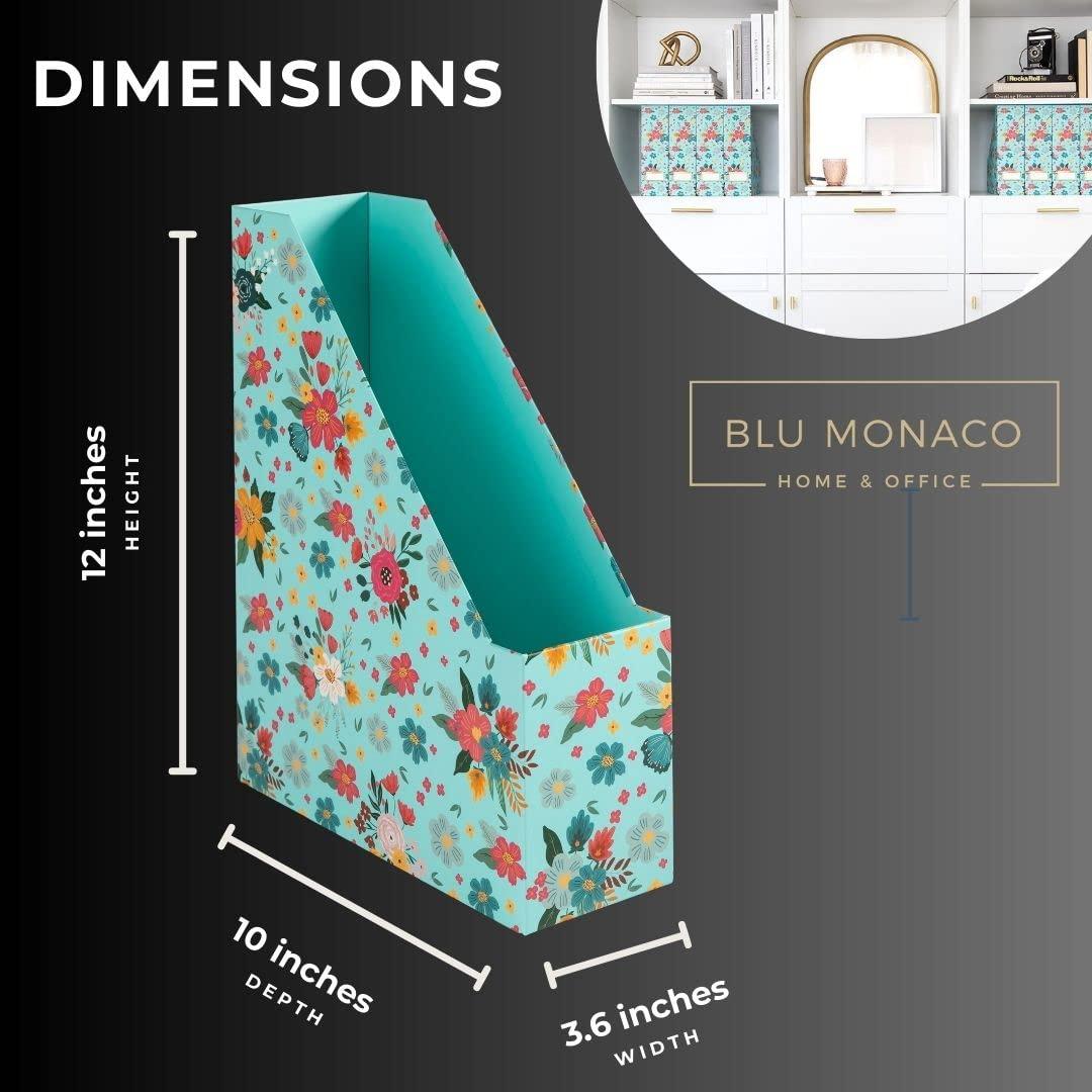 BLU MONACO BLU MONACO Floral Magazine Holder Cute Set of 4 Foldable Magazine File Boxes Aqua Floral Pattern with Gold Label Holder- Magazine Rack Desk Organizer, Binder Holder, Vertical File Folder Organizer