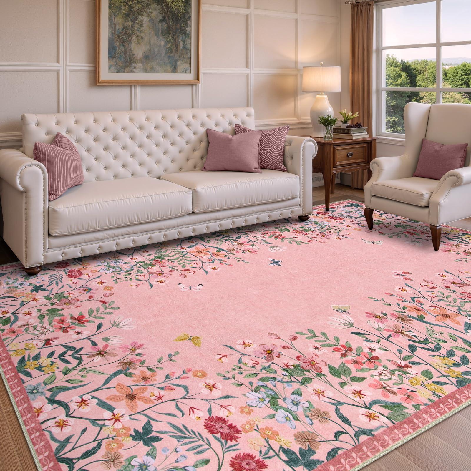 Wonnitar Wonnitar Washable Rug, 5x7 Pink Rugs for Living Room, Floral Print Non-Slip Pink Area Rugs for Bedroom Girls, Soft Large Throw Carpet for Kids Nursery Room (Pink,5'x7')