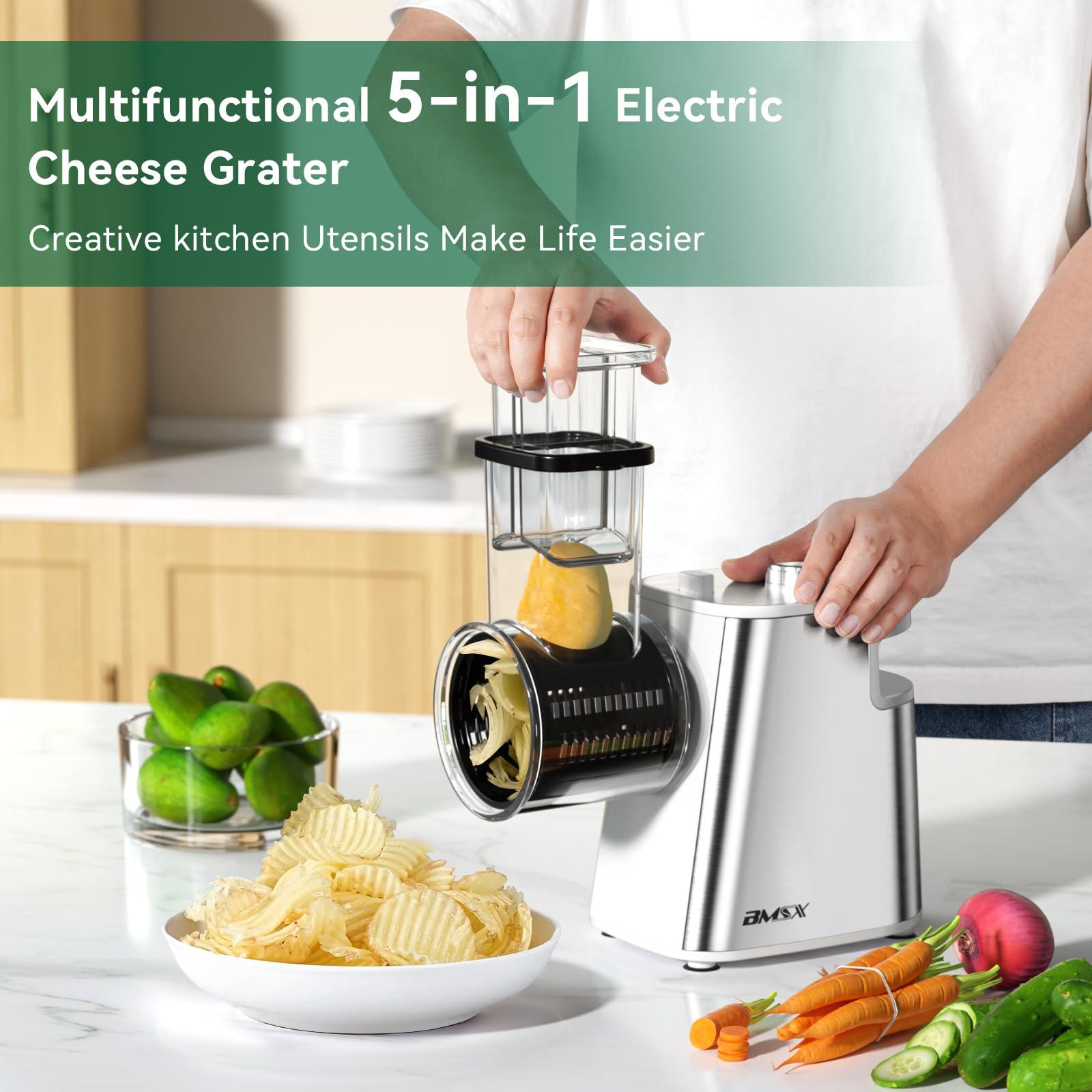 BMSX Electric Cheese Grater Upgraded, 250W Electric Slicer Shredder, Automatic Cheese Shredder, Electric Salad Machine for Fruits, Vegetables, CheesesSalad Maker With 5 Different Shapes of Blades