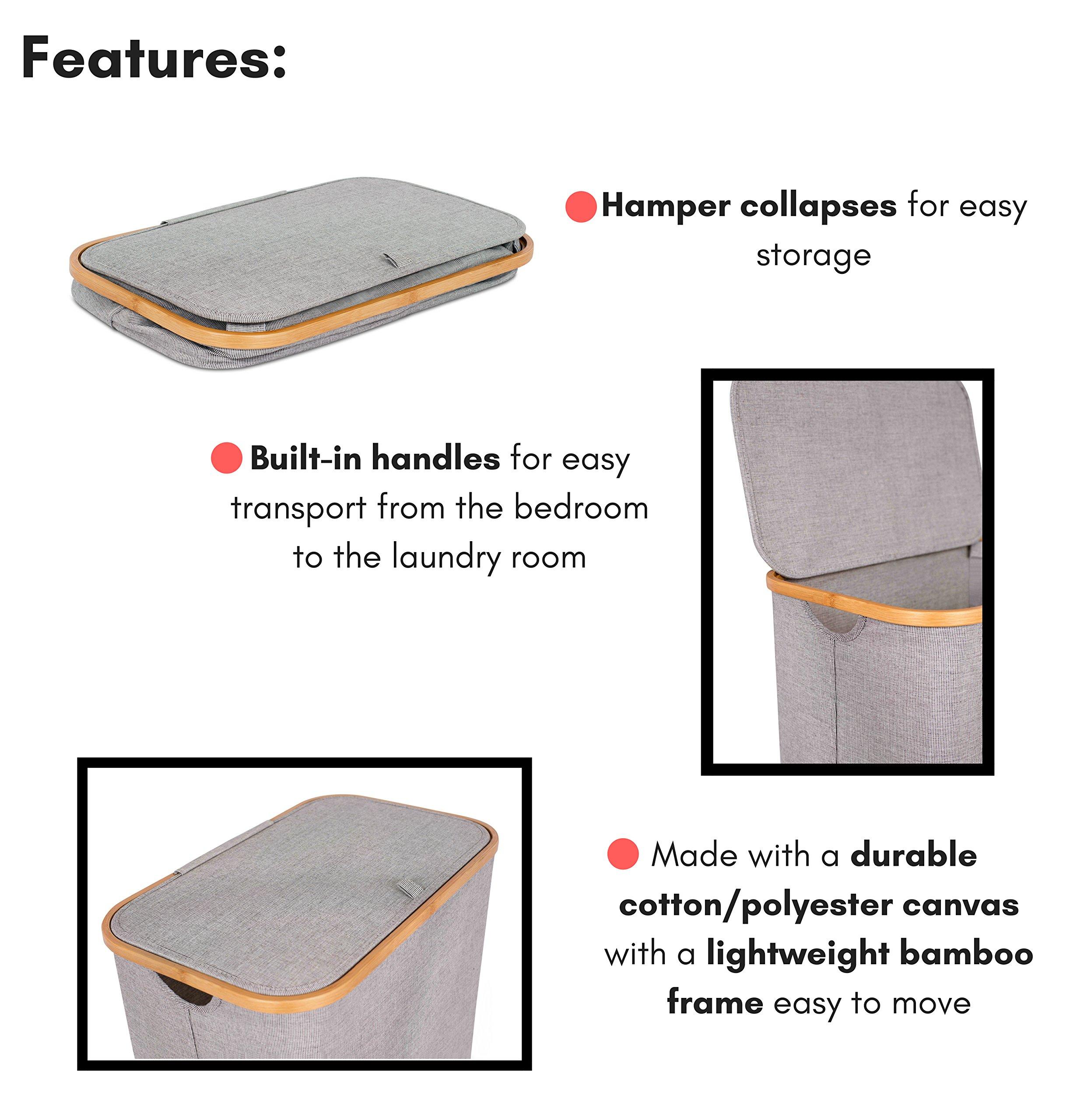 BirdRock Home BIRDROCK HOME Bamboo & Canvas Hamper - Laundry Basket Organizer - Lightweight Foldable Clothing Bin with Lid - Modern Covered Laundry Hamper for Clothes, Bedroom, Bathroom, & Dorm - Grey, Single Lid
