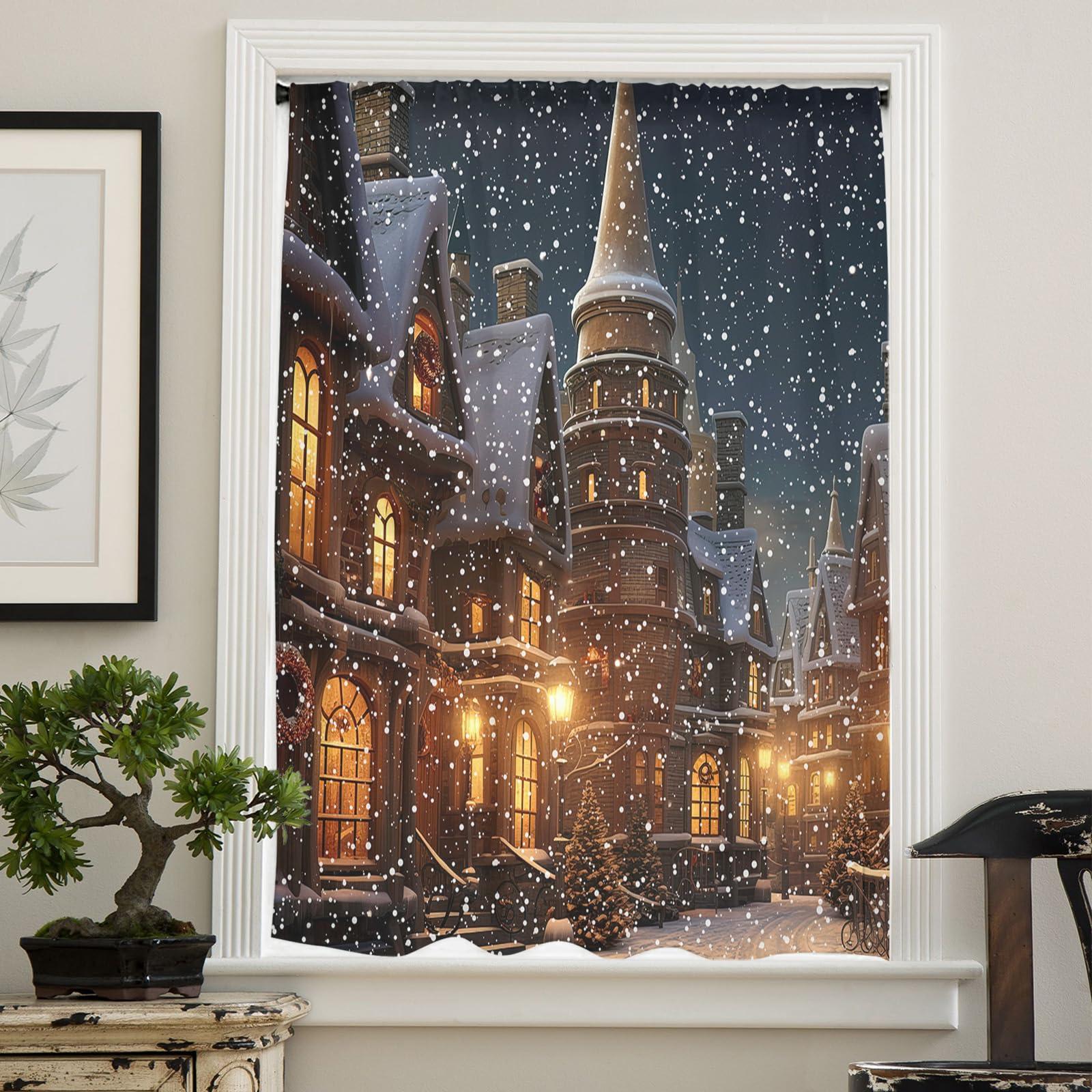 ZOE GARDEN Old World Town Window Curtains 54 Inches Long,Semi Sheer Rod Pocket Chiffon Curtains & Drapes Drapery Voile Draperies Window Treatment for Living Room/Bedroom,Christmas Historical Winter Street House