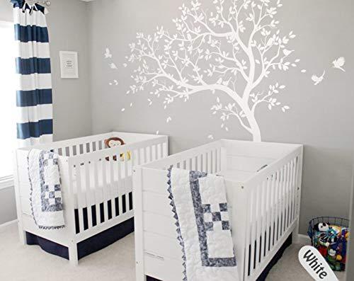 Studio Quee Large Tree Wall Decals Nursery Tree Stickers with Birds Stunning Tree Wall Art Mural Vinyl Wall Decor KW032 (Leaning Left, White)