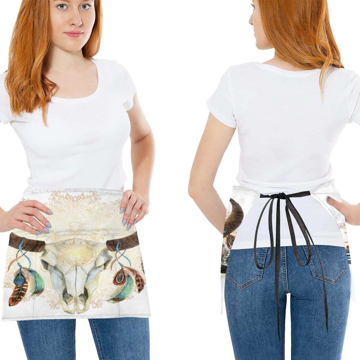 XMNYGJ XMNYGJ Cute Waist Apron Set Animal Buffalo Skull Mandala Waitress Aprons 3 Pockets Waterproof Half Apron for Bartender Restaurant Barista Teachers BBQs Parties 3 Pack