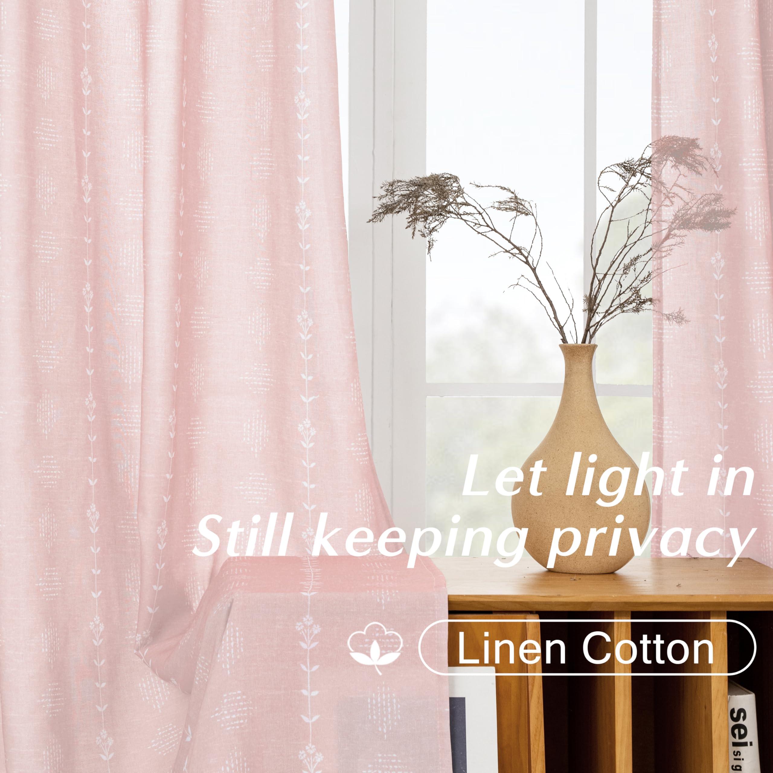 Lino Rosa Pink Curtains 2 Panels,Sheer Floral Linen Boho Blush Curtains for Bedroom Living Room 84 Inches Long