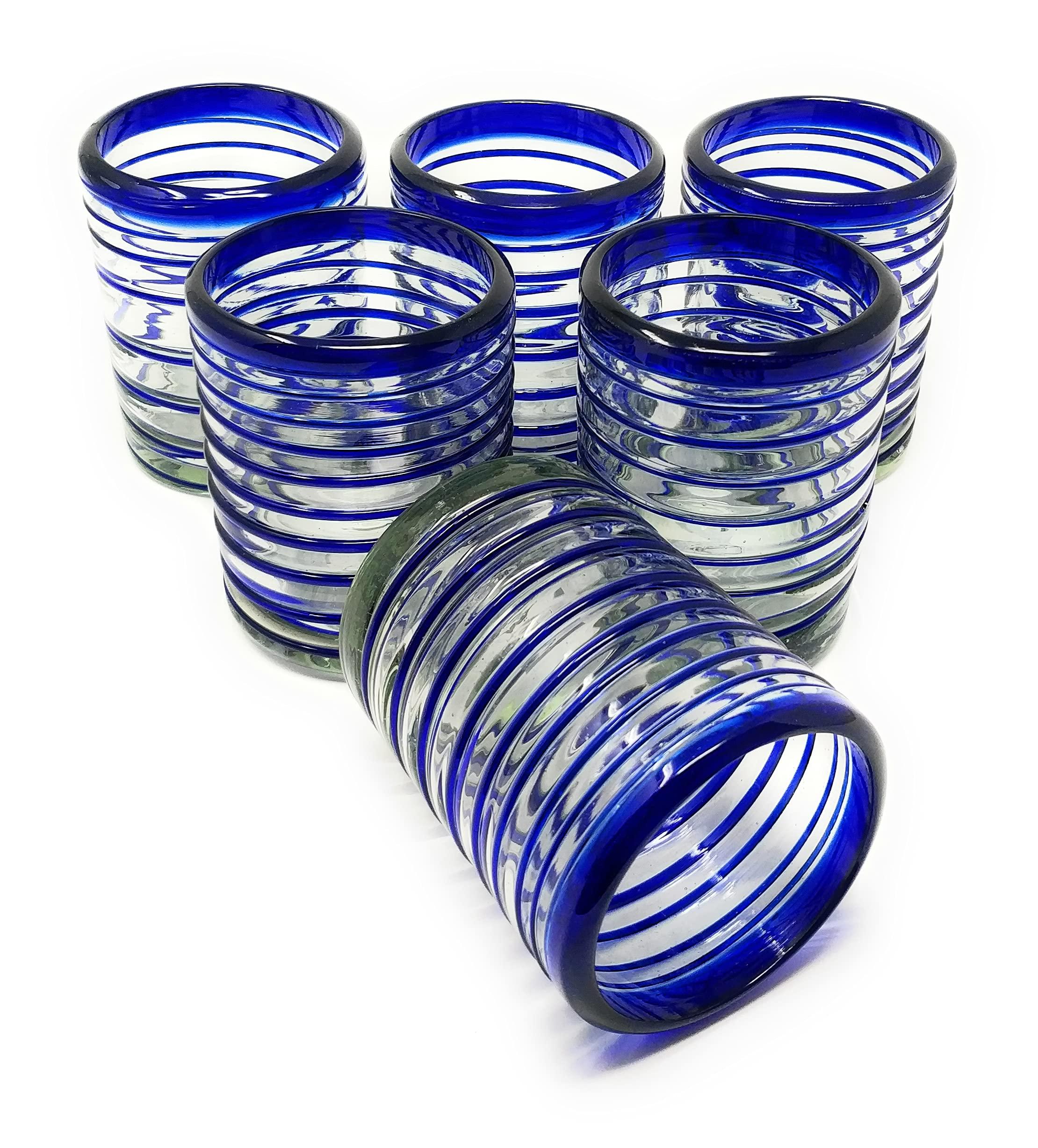 Dos Sueos Hand Blown Mexican Drinking Glasses Set of 6 Tumbler Glasses with Blue Spiral Design (10 oz each)