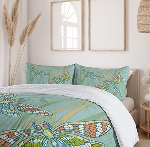 Ambesonne Ambesonne Dragonfly Duvet Cover Set, Doodle Style Giant Dragonfly on Lake Bushes Nature Exotic Picture Art, Decorative 3 Piece Bedding Set with 2 Pillow Shams, King Size, Almond Green