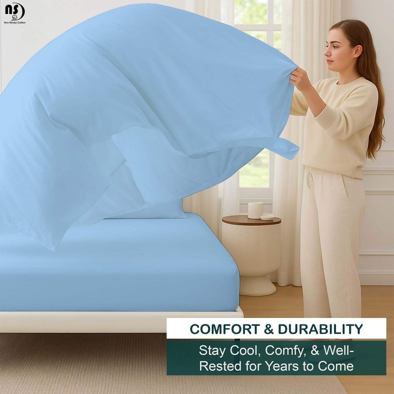 NON Sticky cotton Top Split King Sheets Sets for Adjustable beds, Sheets for Sleep Number Bed Split King deep Pocket, 34\" Split Top King Sheets 400 Thread Count 100% Cotton, Flex Top Sheets, Light Blue Solid