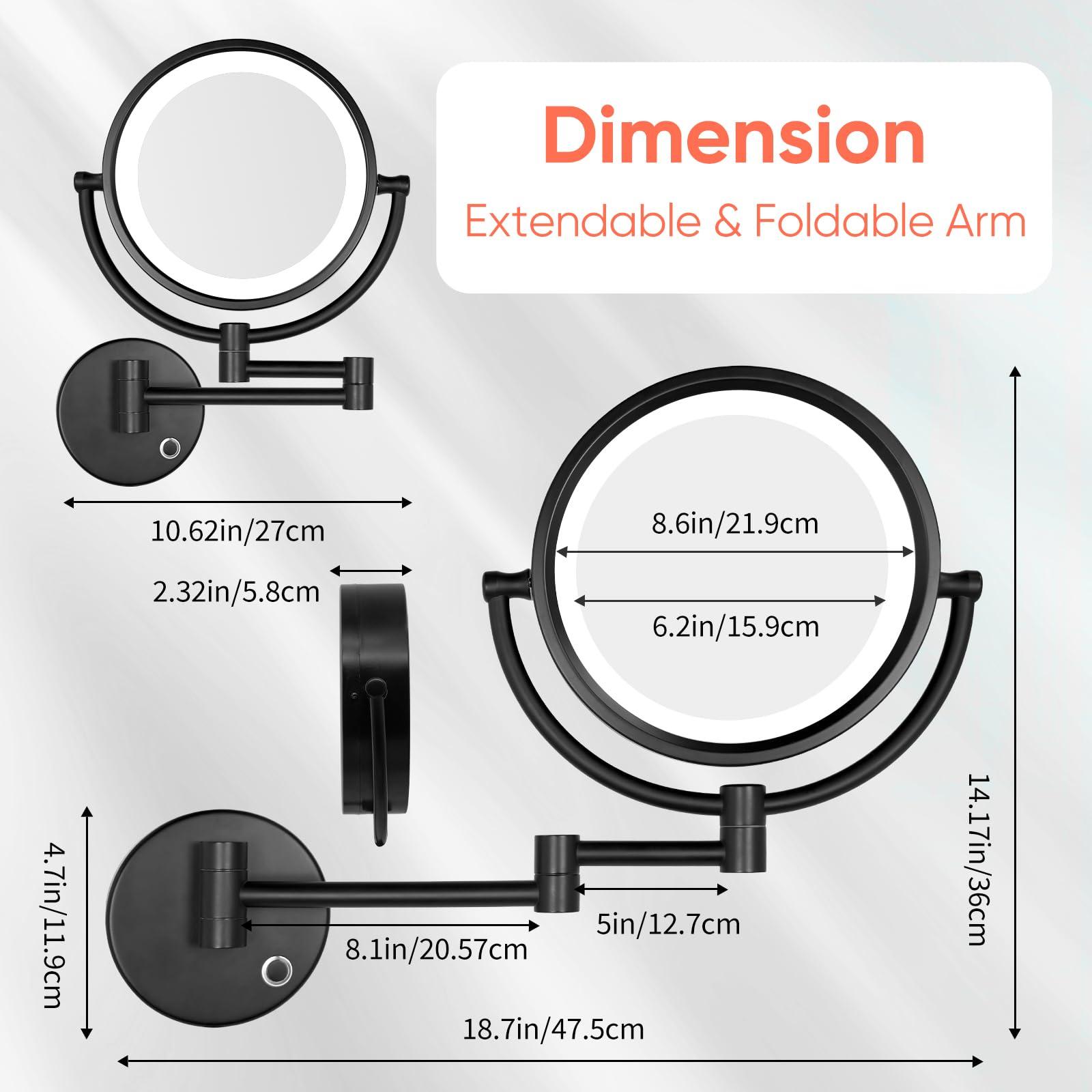 GURUN GURUN Wall Mounted Hardwired Makeup Mirror with 3 Tones LED Lights 10x Magnifying Mirror for Bathroom Bedroom 13\" Extendable Arm Direct Wire Black Finish M1809DB(10x,Black)