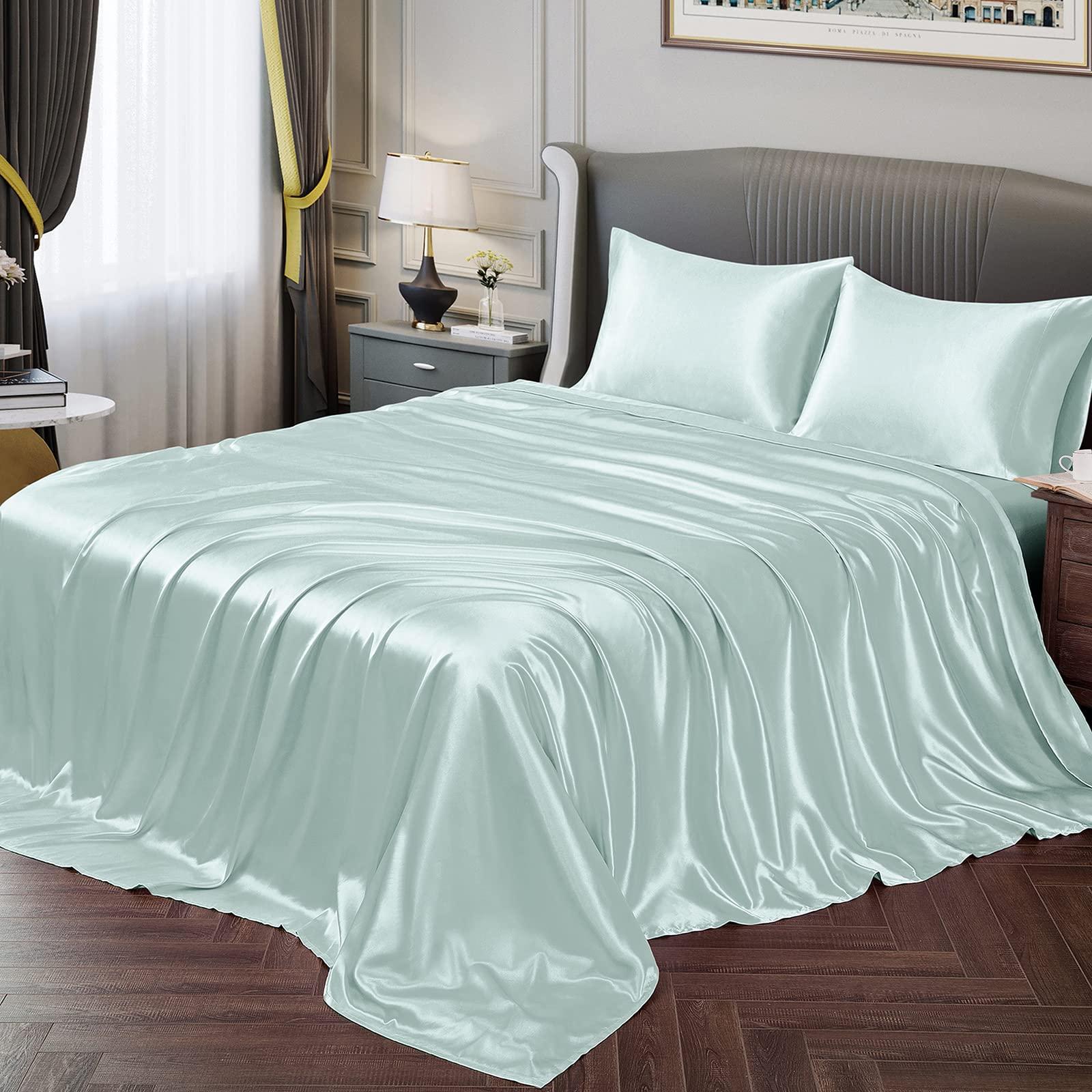 Selection Bedding California King Size Sheet Set - 6 Piece - Hotel Luxury Satin Silk Bed Sheets - 19 Inches Deep Pocket - Breathable & Cooling - Aqua Blue - Flat Sheet, Fitted Sheet & 4 Pillowcases
