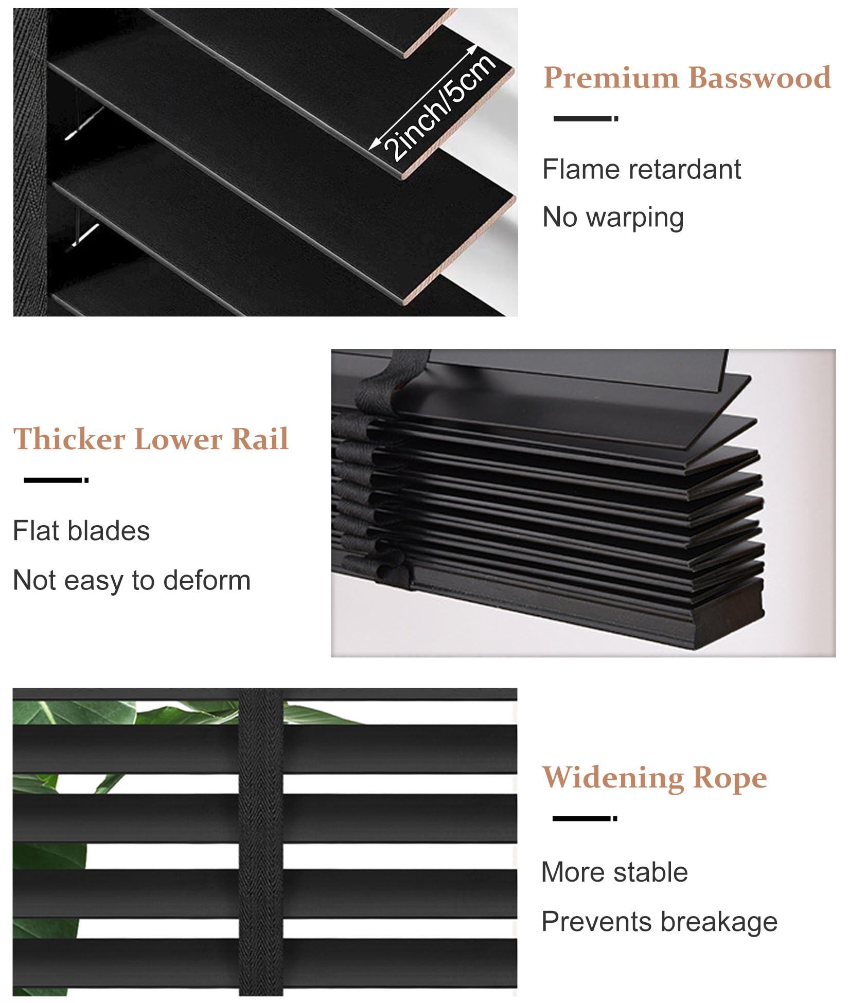 errzom Wooden Window Blinds, Light Filtering Solid Wood Window Blinds, Plantation Blinds Wood Blinds for Windows, Privacy Blackout Shutter Curtains Wooden Blinds & Shade,Black,52'' W x 60'' H