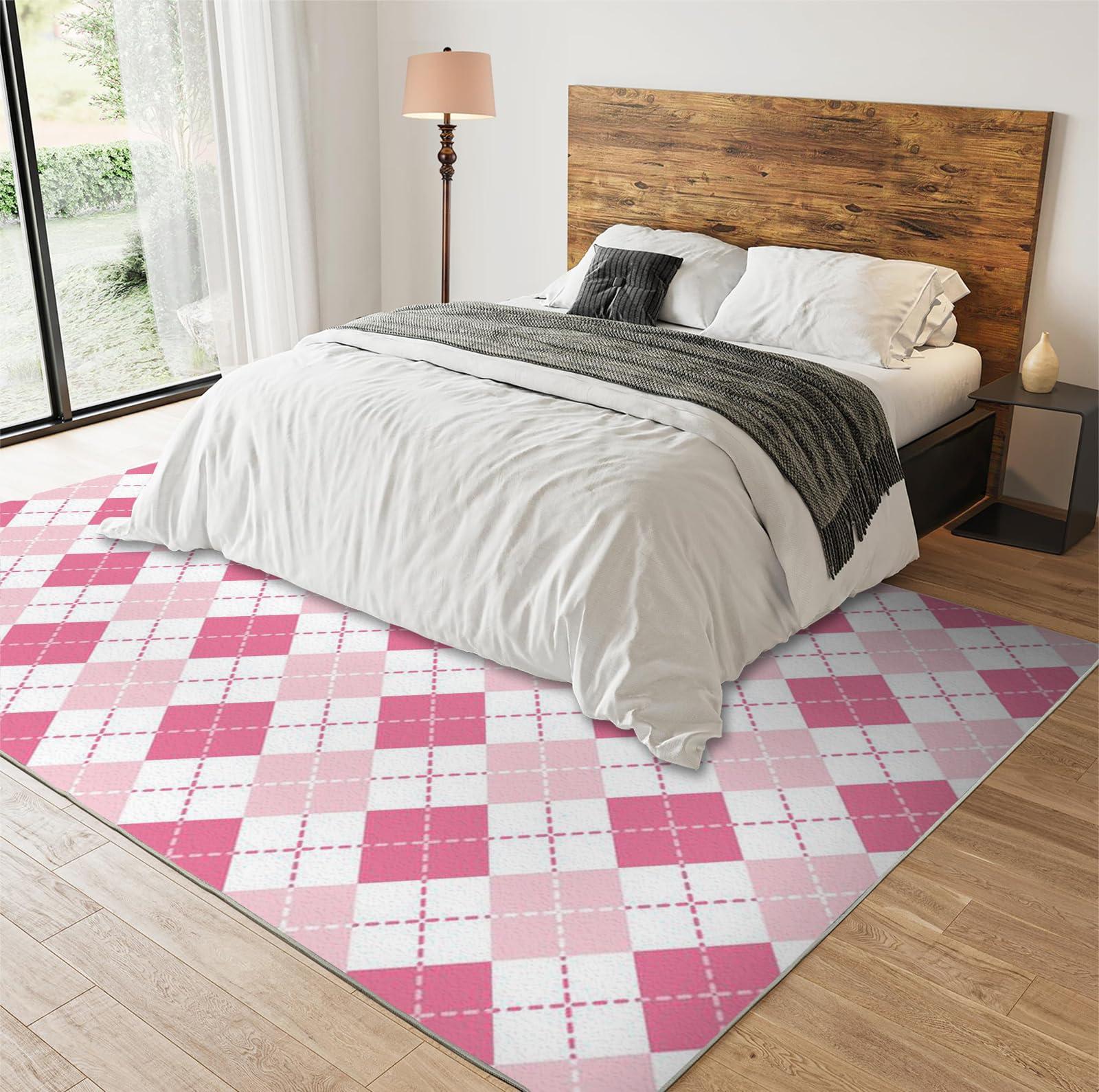 SRAELO Pink White Checkered Rug 2x6ft Geometric Diamond Texture Rugs for Living Room, Machine Washable Low-Pile Abstract Checkered Pattern Floor Carpet for Kids Boys Girls Playing Room Dorm