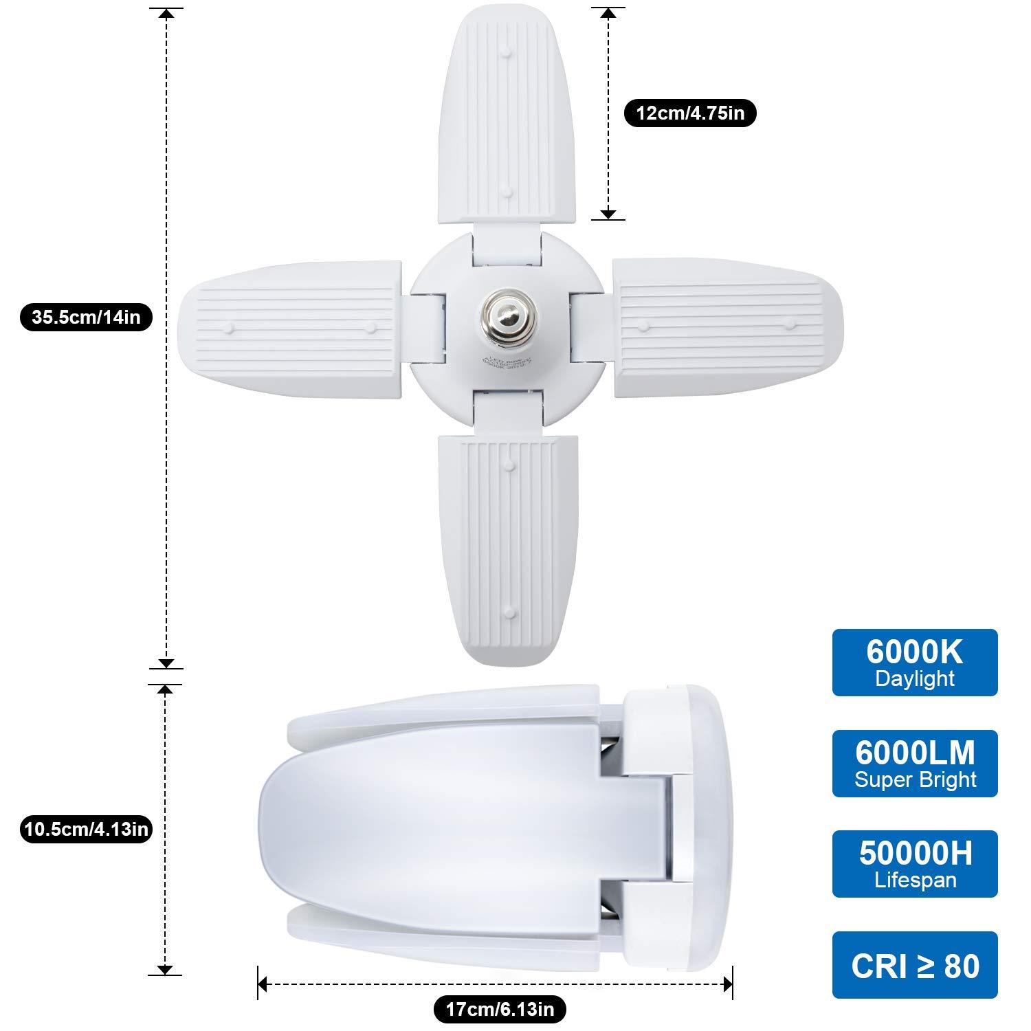 Exulight LED Garage Lights,Exulight 60W Led Garage Ceiling Light 6000LM Daylight,Deformable Light Bulbs 60 Watt Work Light,E26/E27 Shop Lights for Garage Barn Warehouse Workshop Lighting
