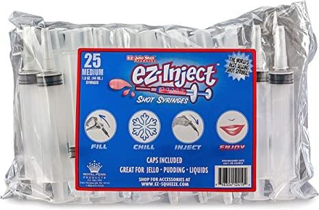 EZ-Inject EZ-Inject 25 Pack Plastic Syringes for Jello Shots 1.5oz - 100% Safe and Reusable Jello Shot Syringes with Caps - Medium Syringe Shots Holiday and Halloween Party Supplies for Adults