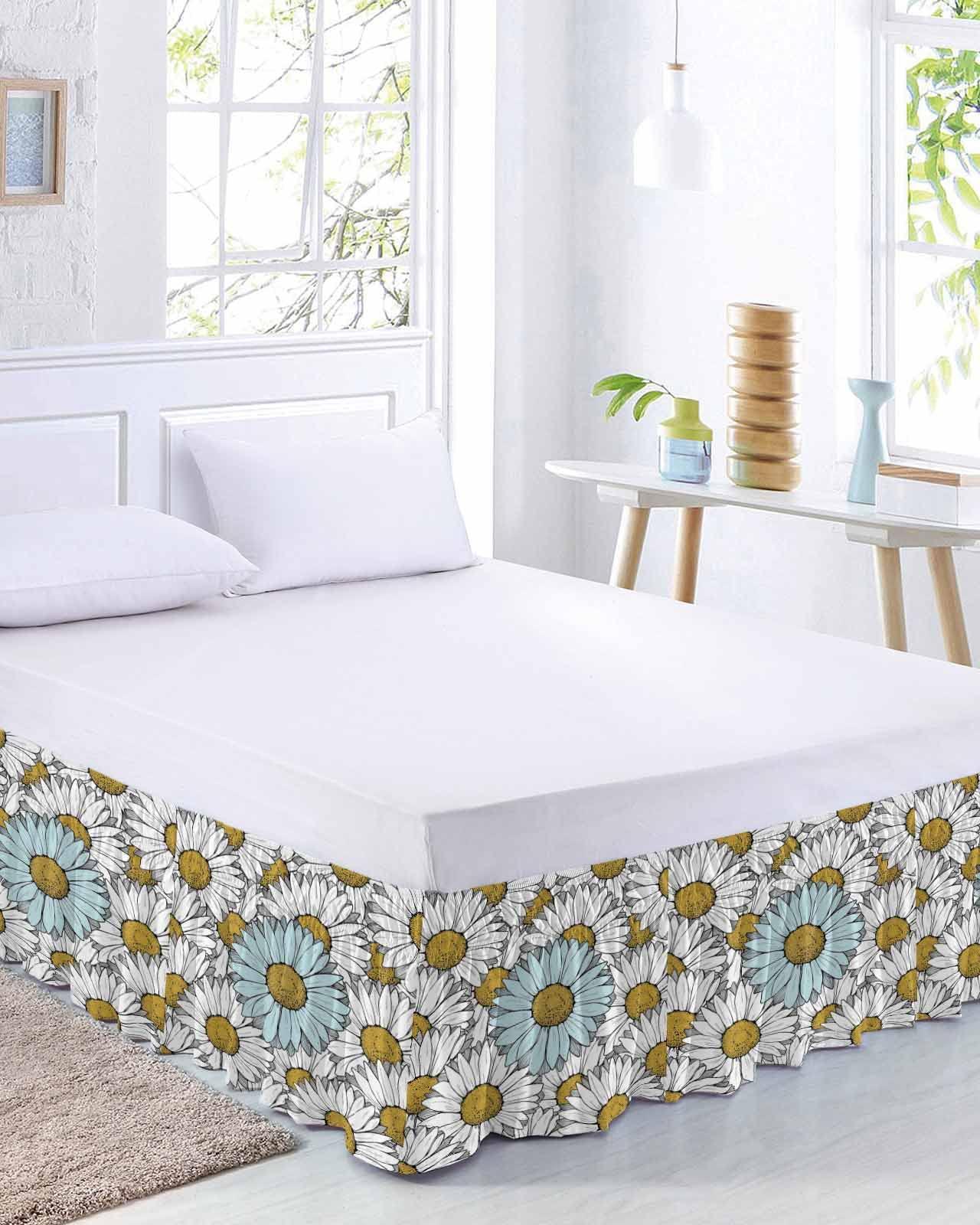 RisQiten Spring Floral Bed Skirt Queen Size 18 Inch Drop, Adjustable Elastic Bedskirt Dust Ruffle for Queen Bed, Teal White Daisy Summer Botanical Flower Wrap Around Bed Skirts Pleated Bed Frame Cover