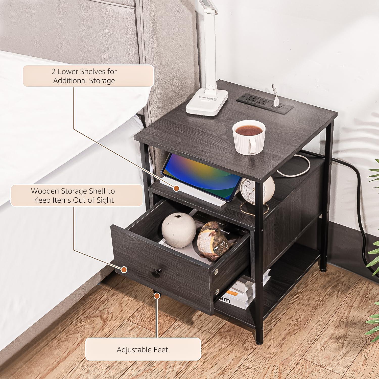 Our Modern Space Our Modern Space Wooden Nightstand with Charging Station USB Port and Single Drawer | Bedside Table End Cabinet for Living Room Bedroom Dorm - Rustic Brown