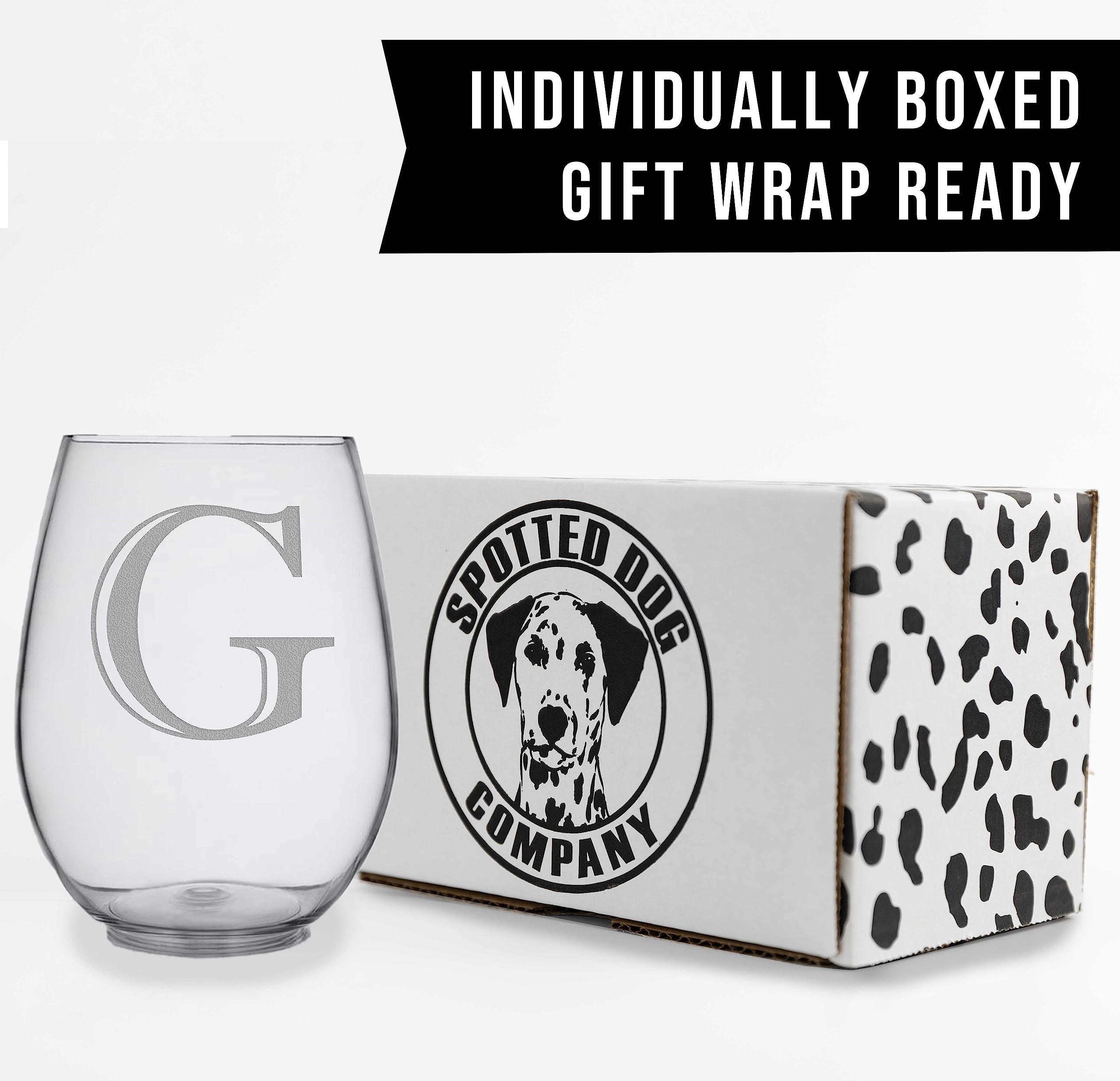 Spotted Dog Company Monogram Etched 17oz Stemless Wine Glass (Letter G) A-Z Personalized gifts for Women, Custom wine glasses, Monogrammed Birthday gift for Her Initial