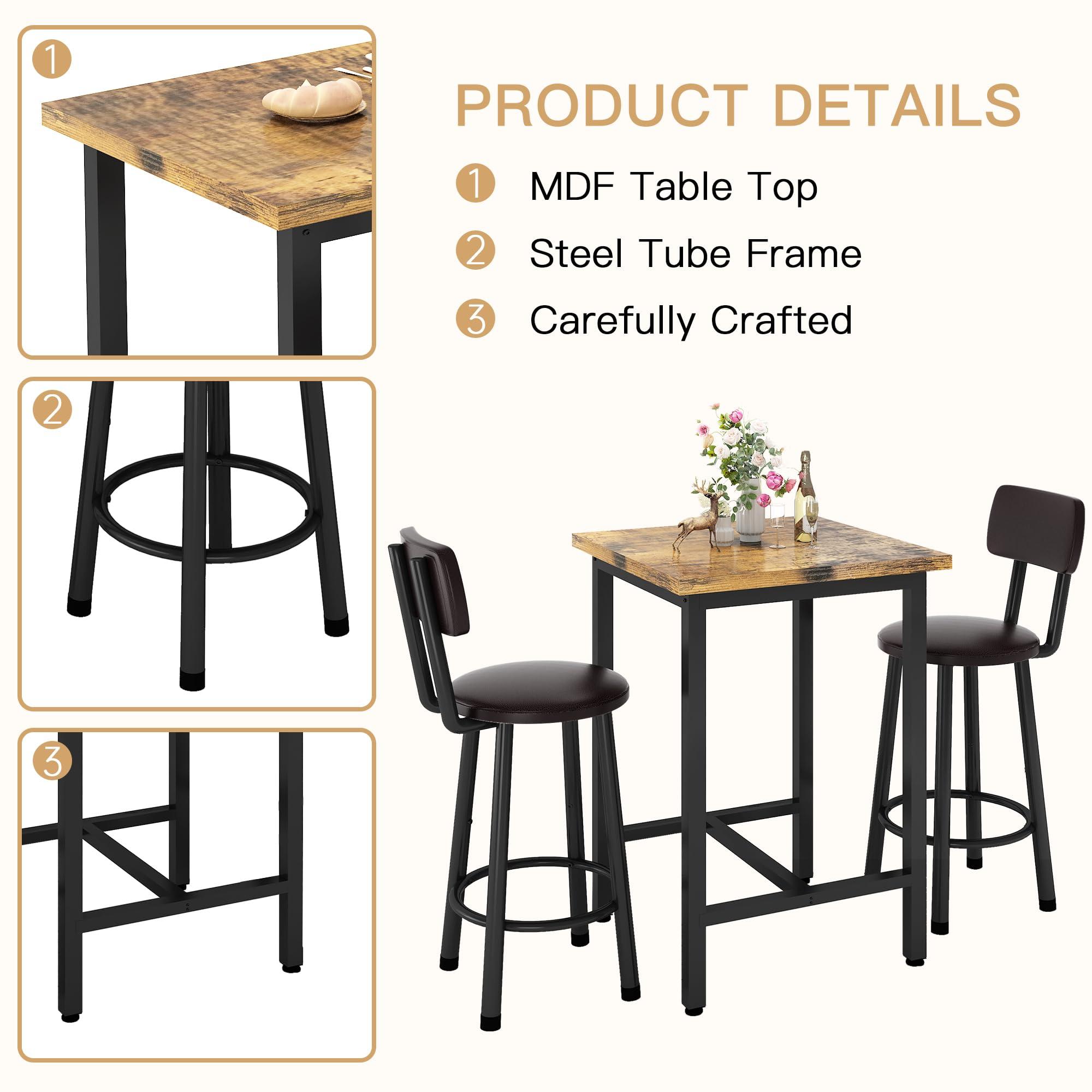 Recaceik Recaceik 3 Piece Pub Dining Set, Modern bar Table and Stools for 2 Kitchen Counter Height Wood Top Bistro Easy Assemble for Breakfast Nook Living Room Small Space Restaurant, Rustic Brown 24