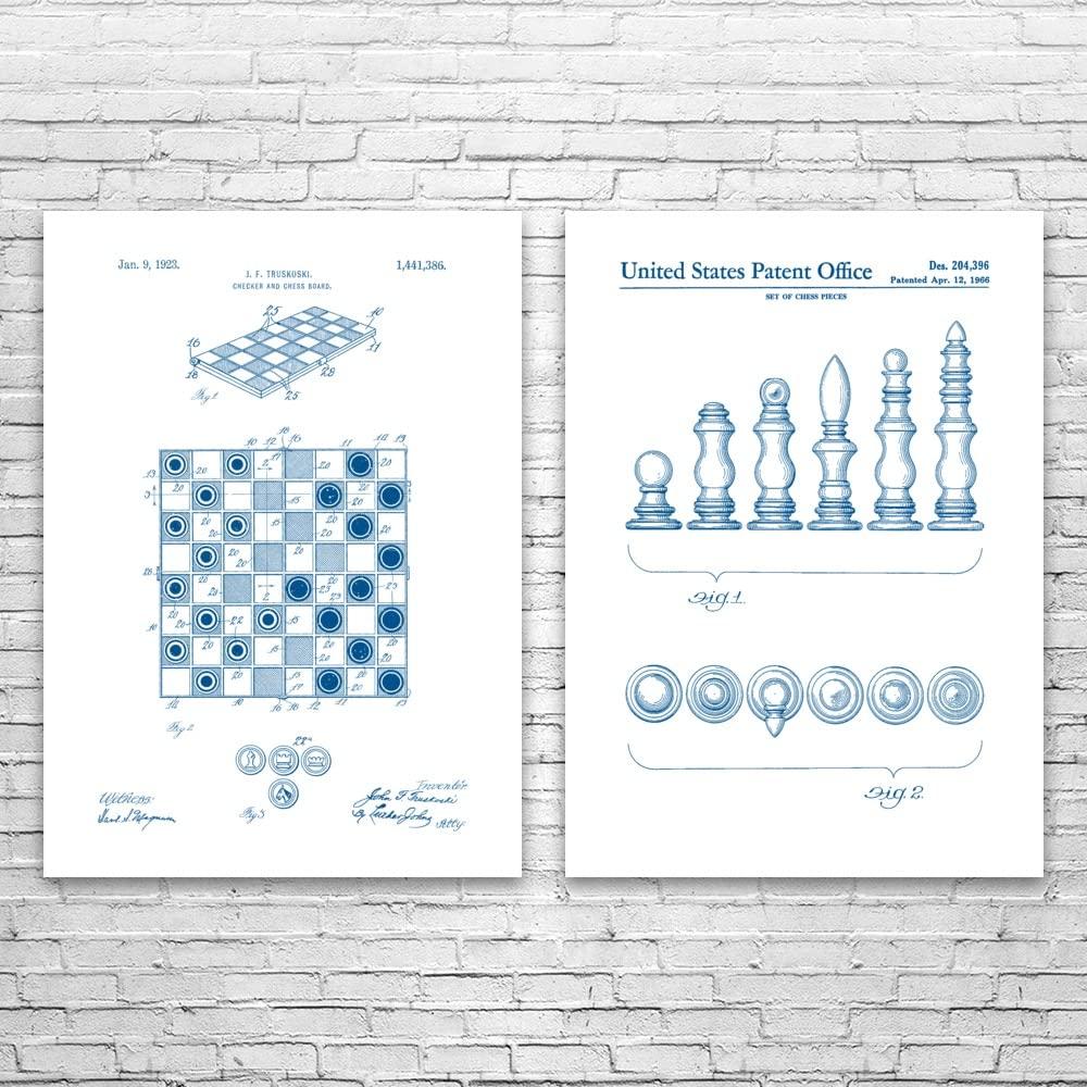 Patent Earth Chess & Checkers Patent Prints Set of 2 (18x24), Chess Player Gift, Gaming Decor, Chess Club Art, Game Lover Gift, Game Room Art Blue & White