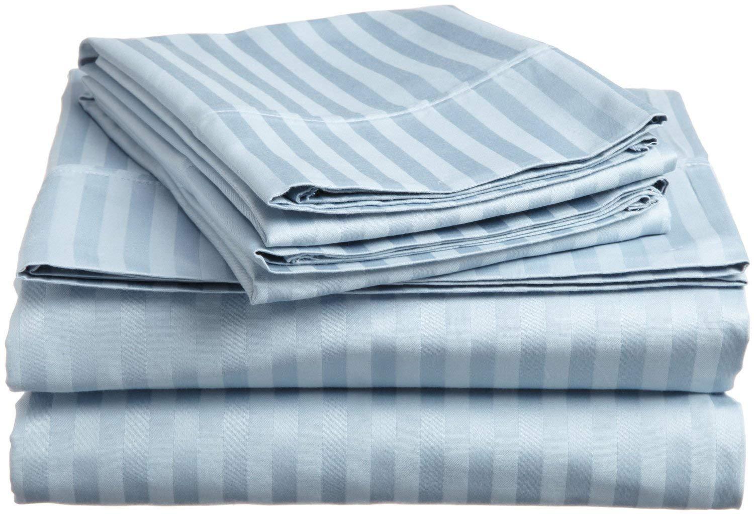 Aspire Linen 100% Extra-Long Staple Heavy 1500-Thread-Count Egyptian Cotton 6-Piece Bed Sheets Set Queen Size Fits Upto 7-9 deep Pocket, Smooth Sateen Weave (Stripe, Light Blue)