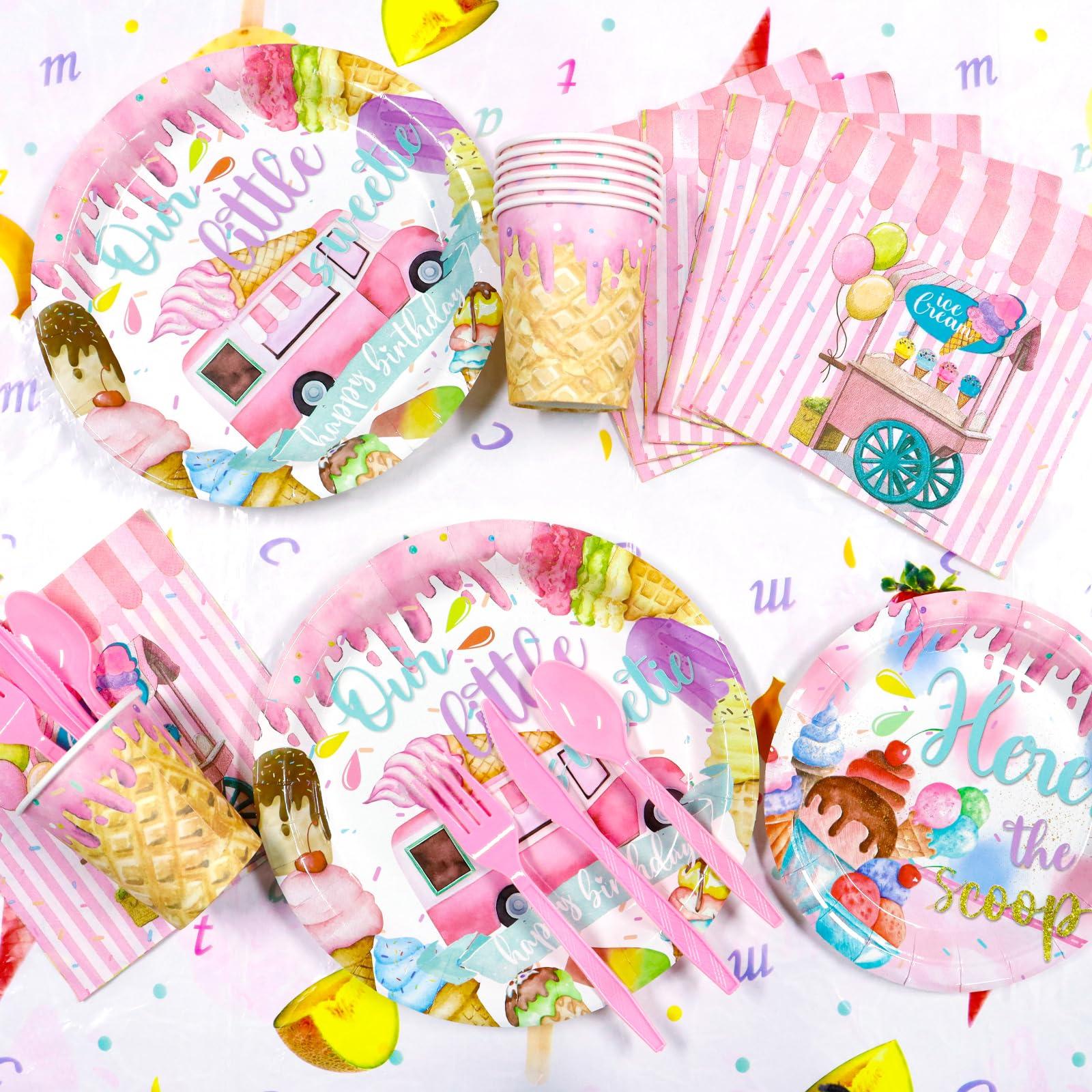 Qonmpcvu Qonmpcvu 183 PCS Ice Cream Party Decorations, Ice Cream Birthday Party Supplies, Ice Cream Party Supplies Set, Ice Cream Backdrop Tablecloth With Vibrant Paper Plates, Napkins, Cups Serve 20 Guests