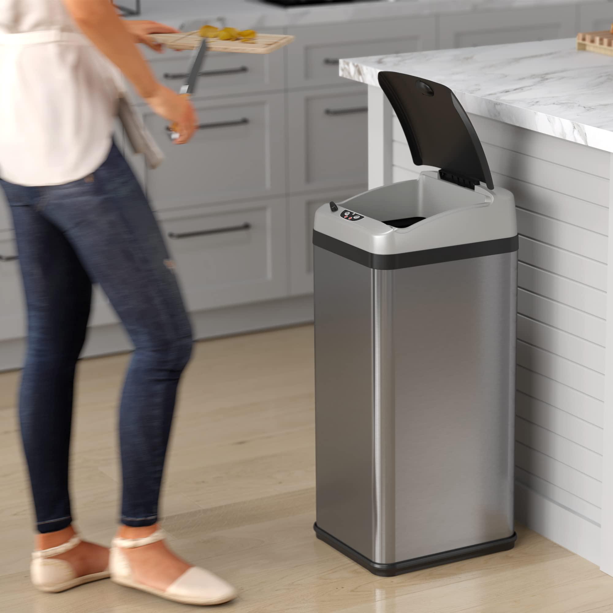 iTouchless iTouchless 13 Gallon Sensor Kitchen Trash Can with Lid and AC Adapter and Odor Filter, Platinum Limited Edition Garbage Bin Trashcan for Home Office Office Bedroom Living Room Garage Slim Waste Basket