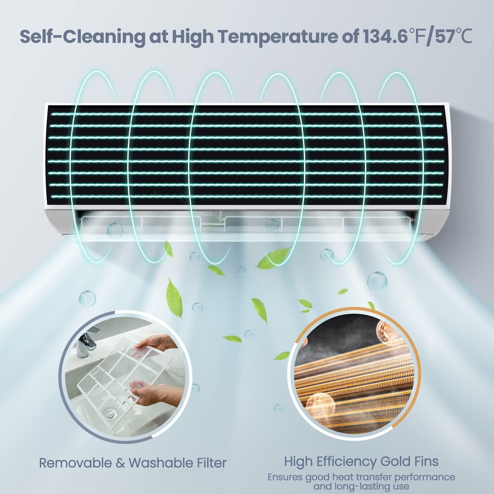 KOTEK KOTEK 9000 BTU Mini Split AC/Heating System, 17 SEER2 Inverter Ductless AC Unit, Cools Up to 450 Sq. Ft, Wall Mounted Air Conditioner with Heat Pump & Installation Kit (9000BTU, 208-230V, 17 SEER2)