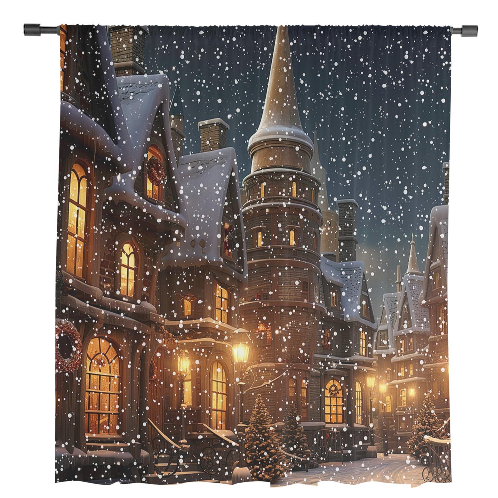 ZOE GARDEN Old World Town Window Curtains 54 Inches Long,Semi Sheer Rod Pocket Chiffon Curtains & Drapes Drapery Voile Draperies Window Treatment for Living Room/Bedroom,Christmas Historical Winter Street House