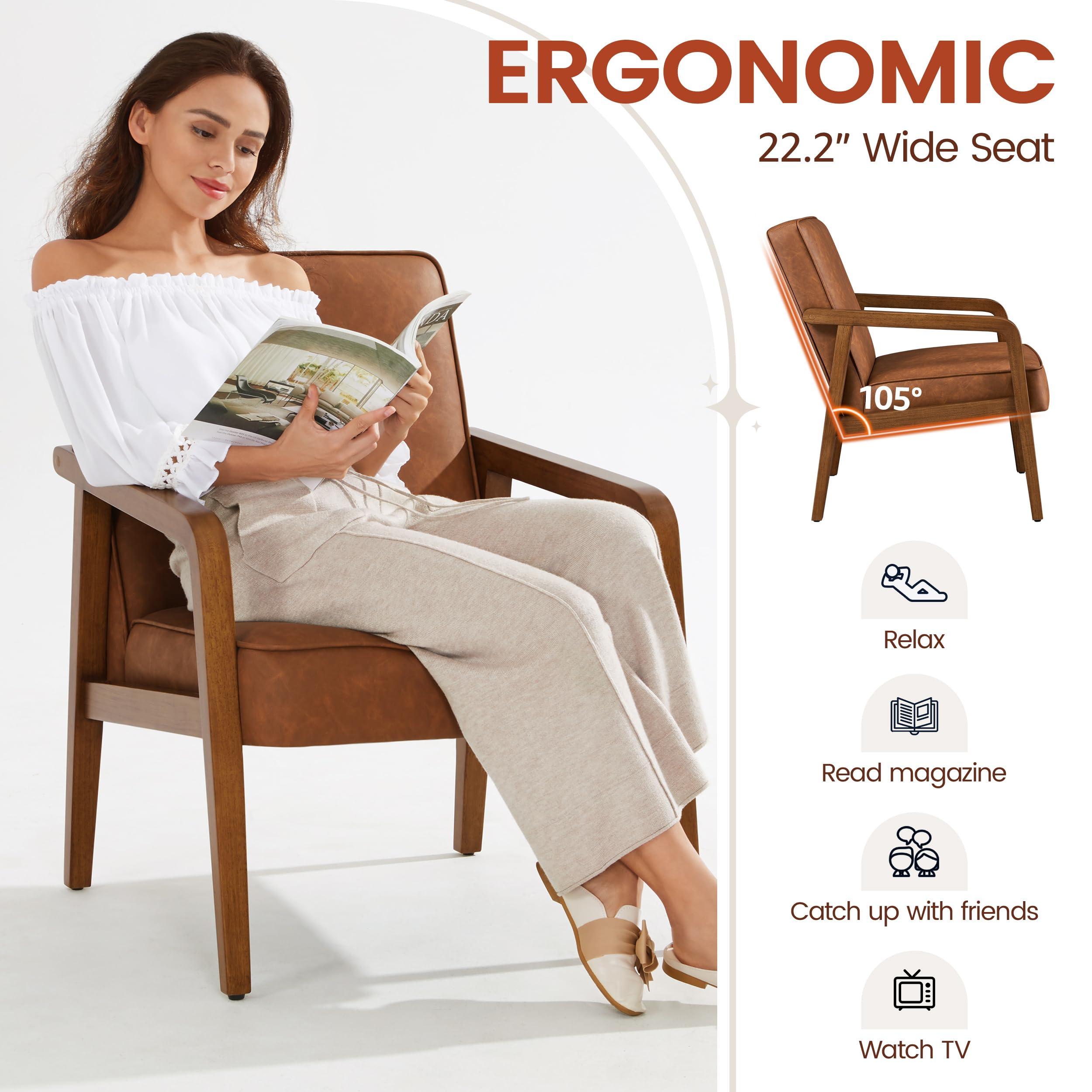 Yaheetech Yaheetech Accent Chair, PU Leather Reading Chair, Mid Century Modern Arm Chair with Solid Wood Frame for Living Room Bedroom Waiting Room, Light Brown