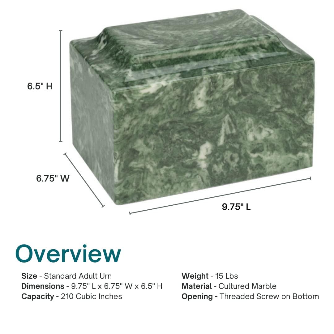 Silverlight Urns Emerald Classic Cultured Marble Cremation Urn for Ashes, Green, Adult Sized Urn for Human Ashes, Ground Burial, Home Memorial and Funeral Cremation Urn