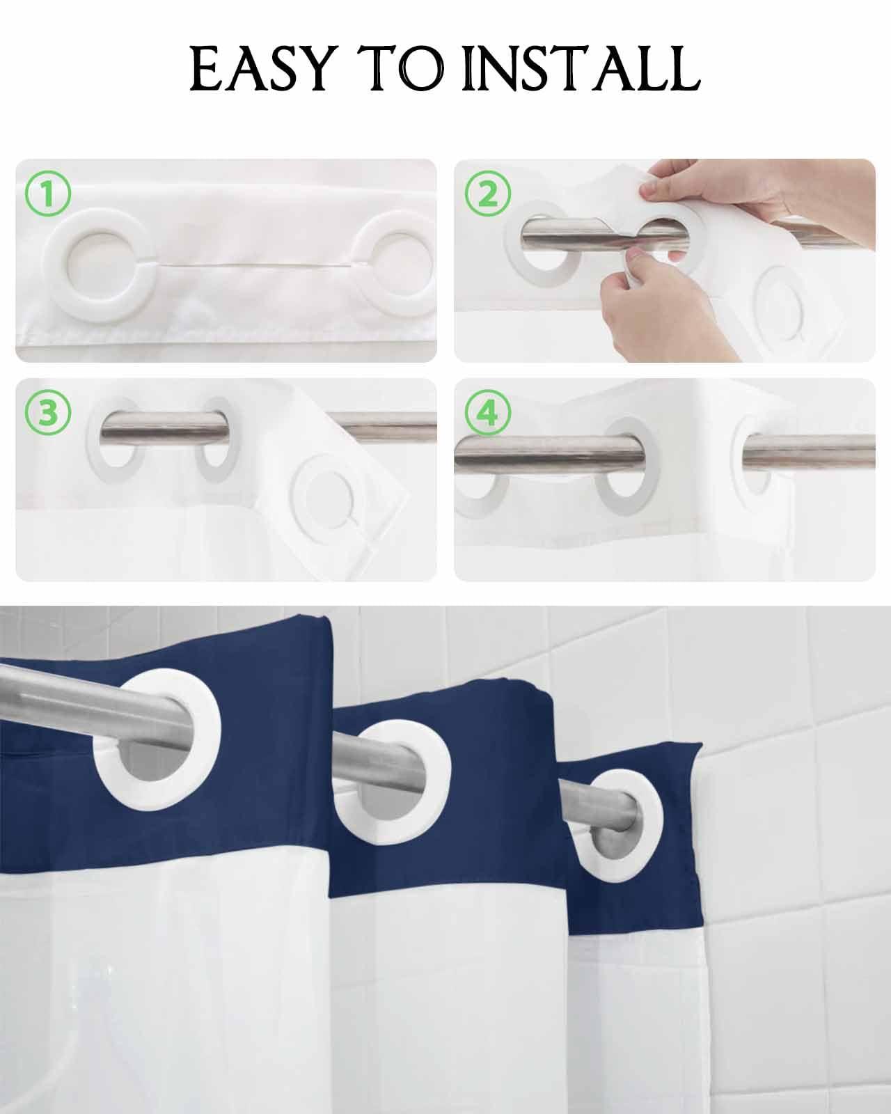 PIEPLE No Hook Shower Curtains with Snap in Liner, Navy Blue Waterproof Fabric Shower Curtain, Pure Blue Solid Color Simple Minimalism Art Double Layers & See-Through Top Window Bathroom Curtains 60''x72''