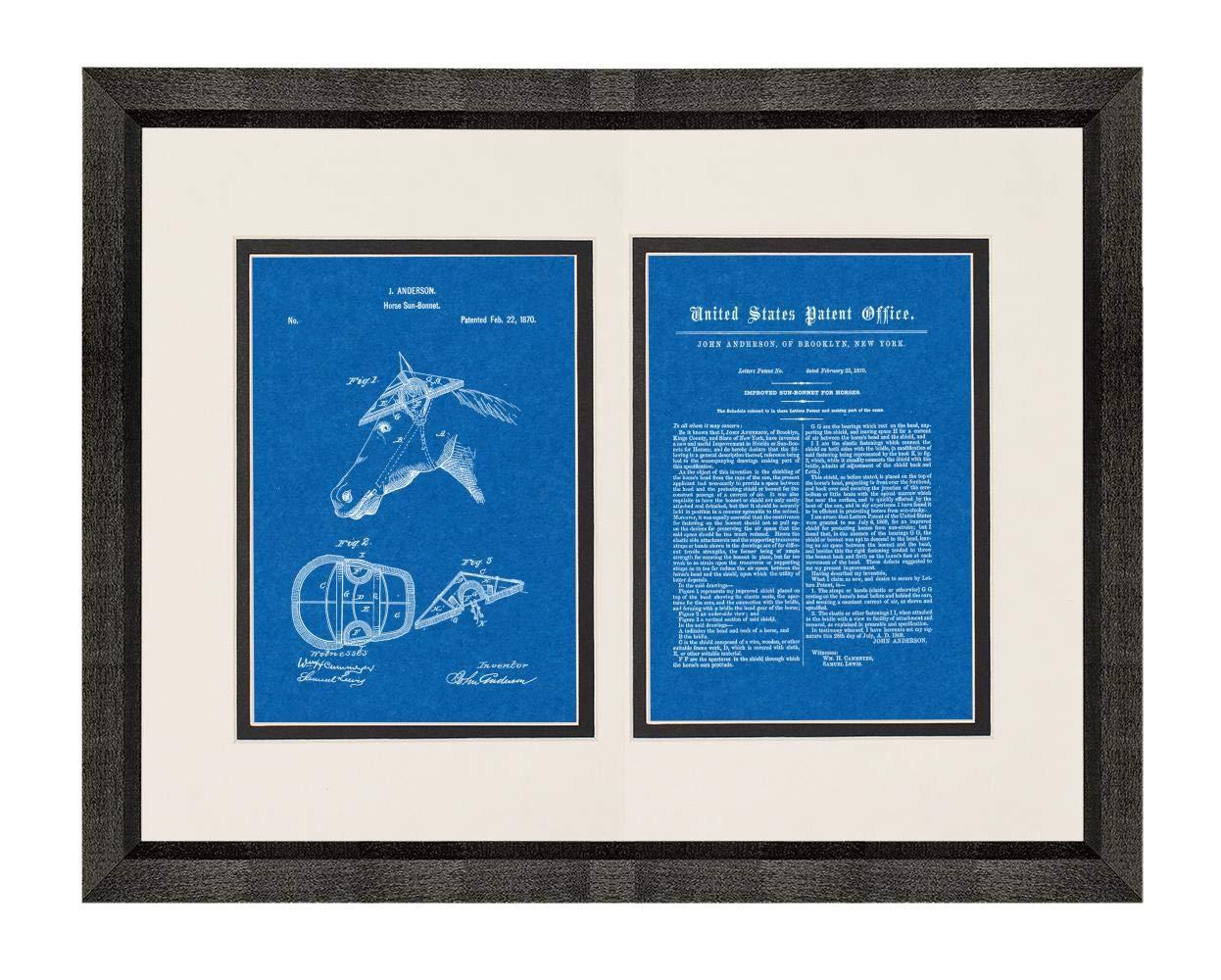 Frame a Patent Sun Bonnet For Horses Patent Art Blueprint Print in a Beveled Black Wood Frame with a Double Mat (20\" x 24\") M11526