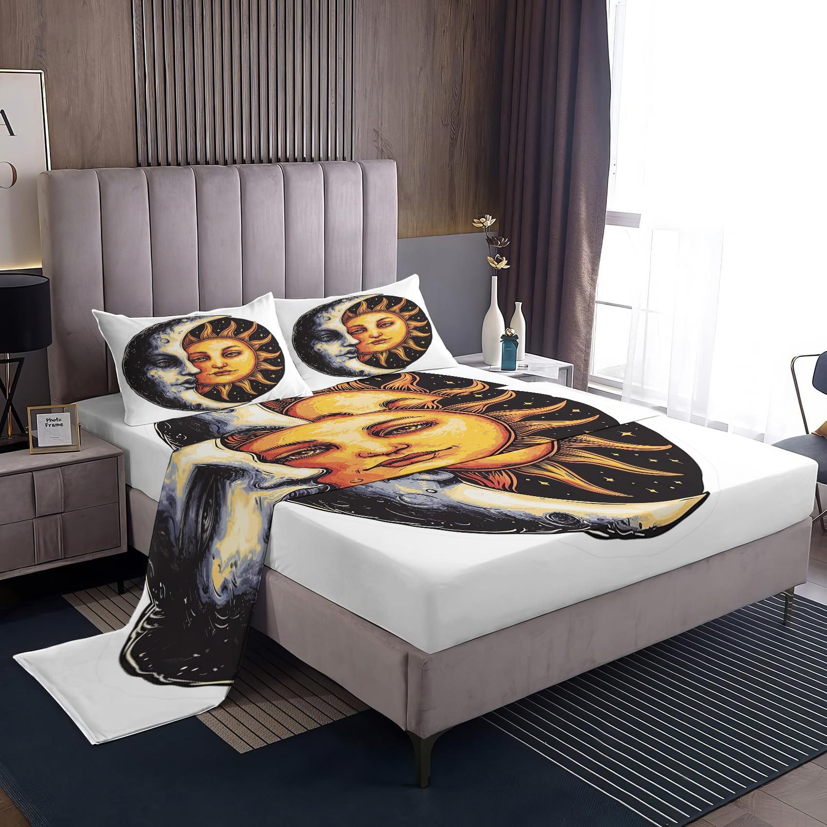 THYUNQ THYUNQ Sun and Moon Sheets King Size Bed, Celestial Pattern Sheet Set, Soft Microfiber Bedding Sheets & Pillowcases 4 Piece with 12 Inch Deep Pocket, Mystical Bedroom Decor
