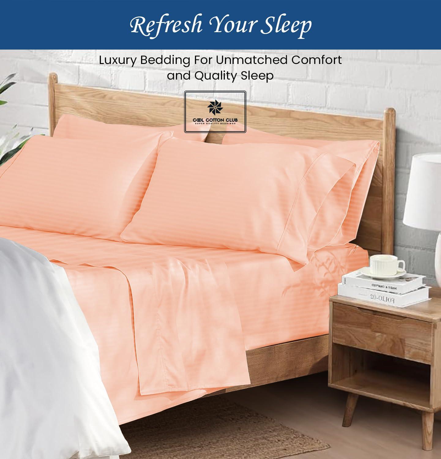 Cool Cotton Club Peruvian Pima Cotton Sheets, King Sheet Set Real 400 Thread Count Luxury 4 PC Bedding Set, Hotel Quality Sateen Weave, fits up to 18-21\" Elasticized Deep Pocket (Stripe, Peach)