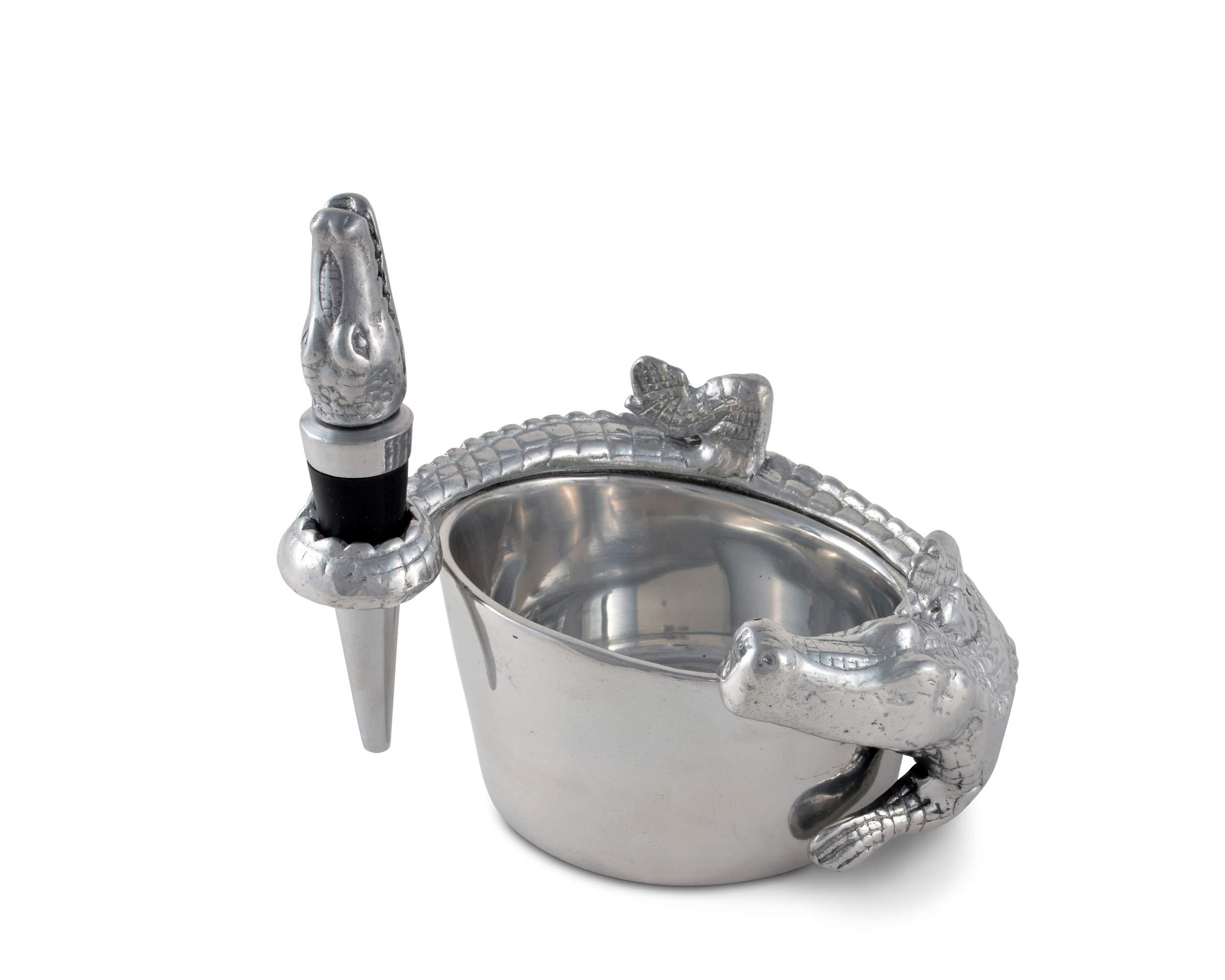 Arthur Court Arthur Court Designs Aluminum Alligator Wine Coaster / Holder and Bottle Stopper Set Gator Florida Décor 4 inch Diameter 3.5 inch Tall
