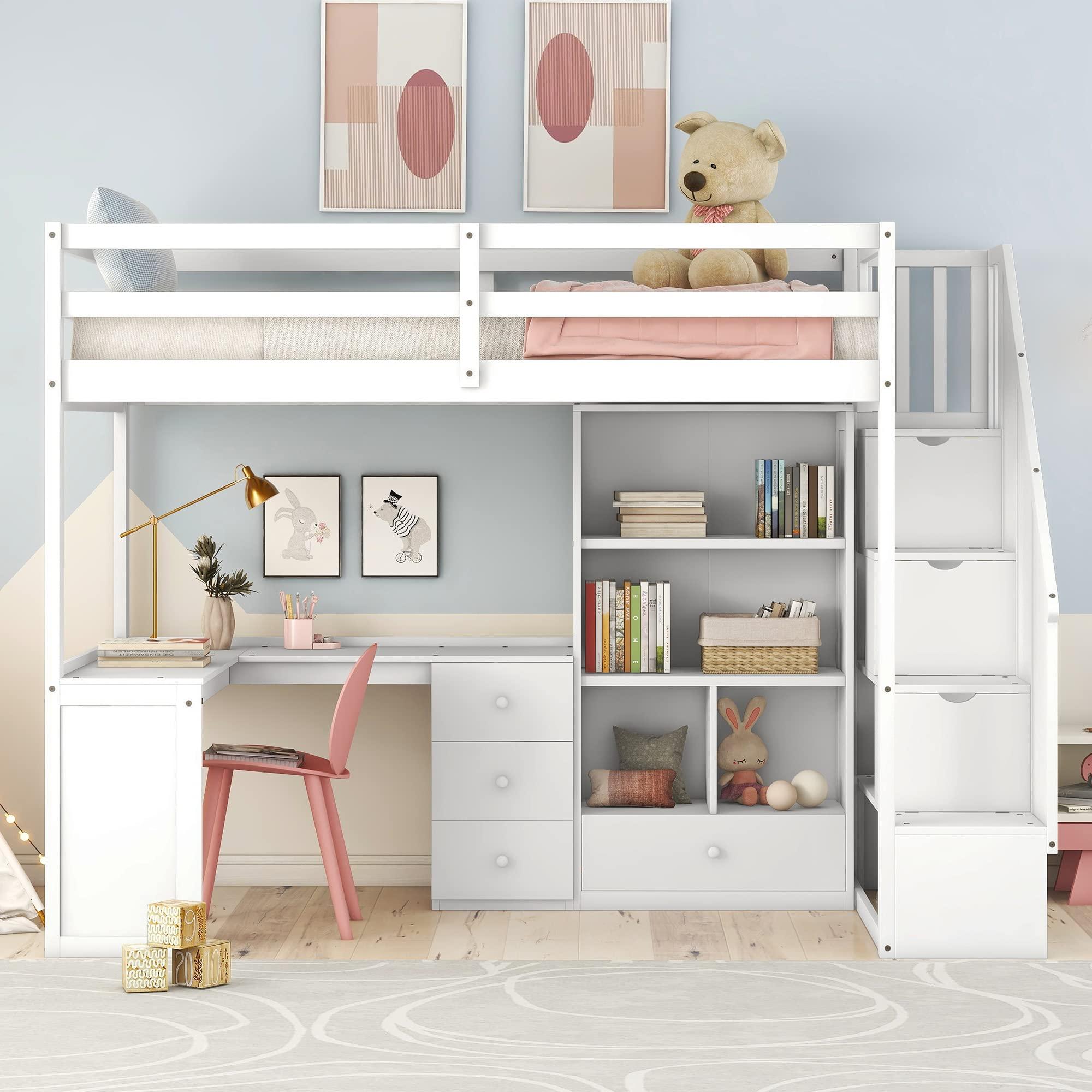 NicBex NicBex Twin Size Loft Bed with Drawers and L-Shaped Desk,Bunk Bed with Cabinet and Storage Staircase,Solid Wood and MDF,Space-Saving,No Box Spring Needed,Loft Bed Frame for Bedroom,Dorm,White