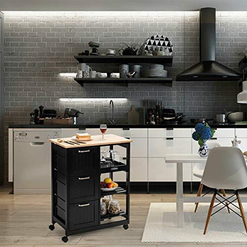LHONE LHONE Rolling Kitchen Island Cart 3-Tier Industrial Wood Trolley Serving Cart Storage Cabinet Utility Cart on Wheels & Three Storage Drawers (Black)