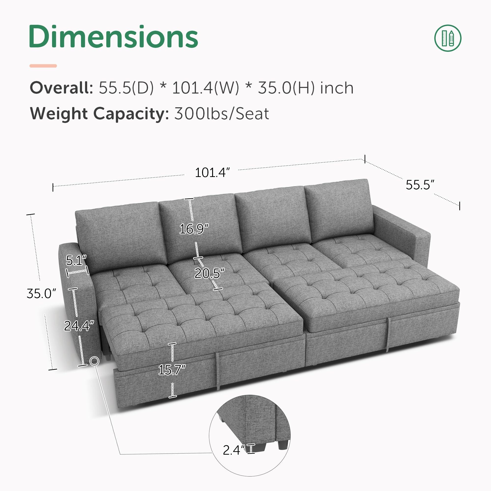 HONBAY HONBAY Modular Sectional Sleeper Sofa with Pull Out Bed, Linen Convertible Sectional Couches for Living Room,Grey