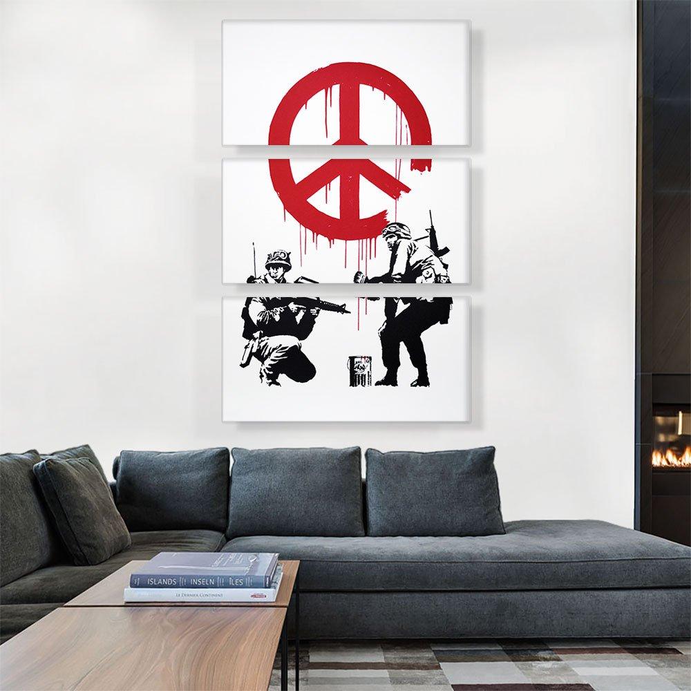 ARTCANVAS ARTCANVAS Soldiers Painting Peace Sign Canvas Art Print Stretched Framed Painting Picture Poster Giclee Wall Decor by Banksy - 60\" x 40\" (0.75\" Deep) (3-Piece)