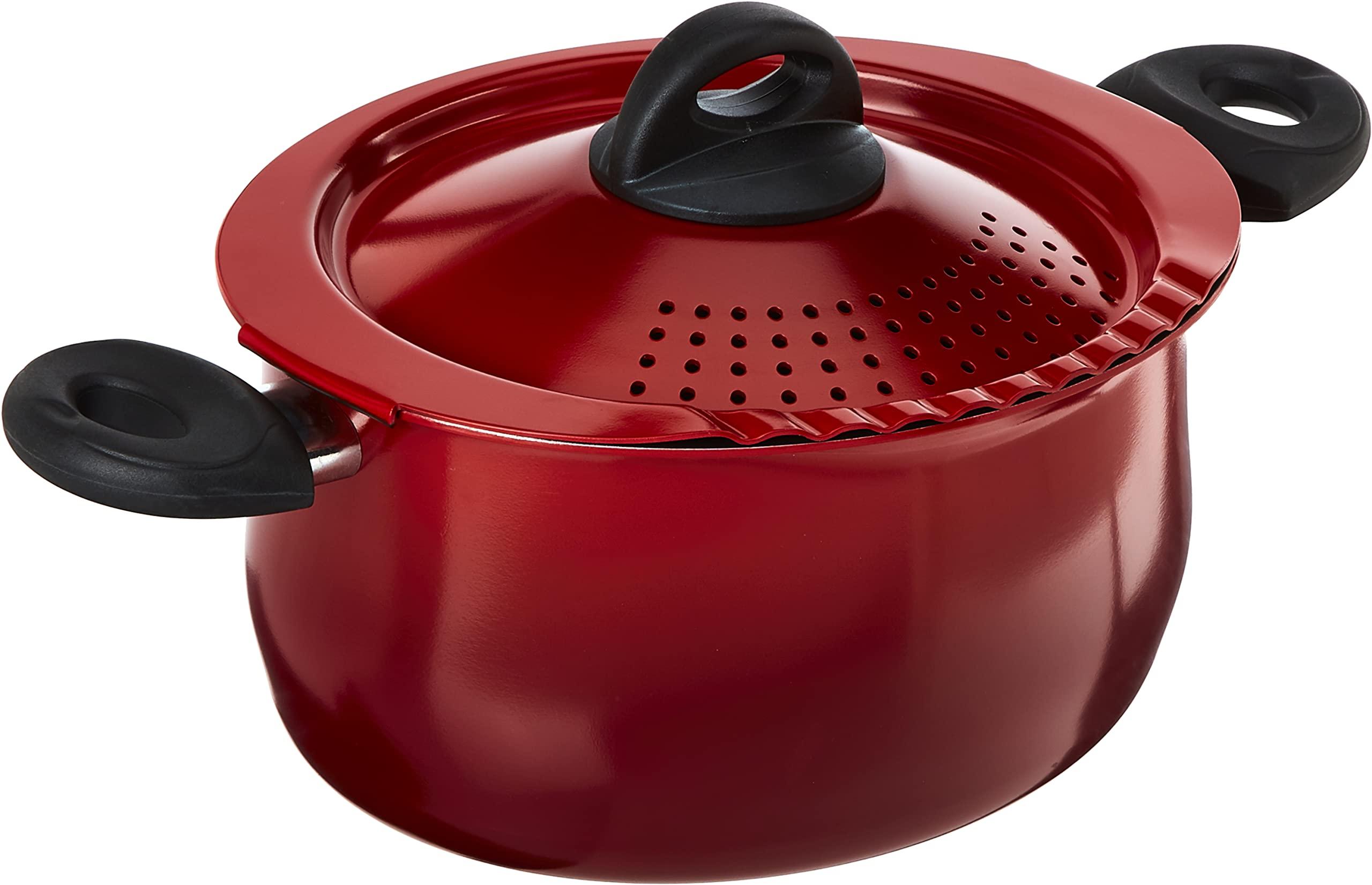 Bialetti Bialetti 5.5 Quart Pasta Pot with Strainer Lid, Red Elongated Oval Pot for Longer Spaghetti, Lasagna, Penne & Farfalle Noodles, Heat Resistant Handles & Nonstick Interior, Large Pot for Cooking