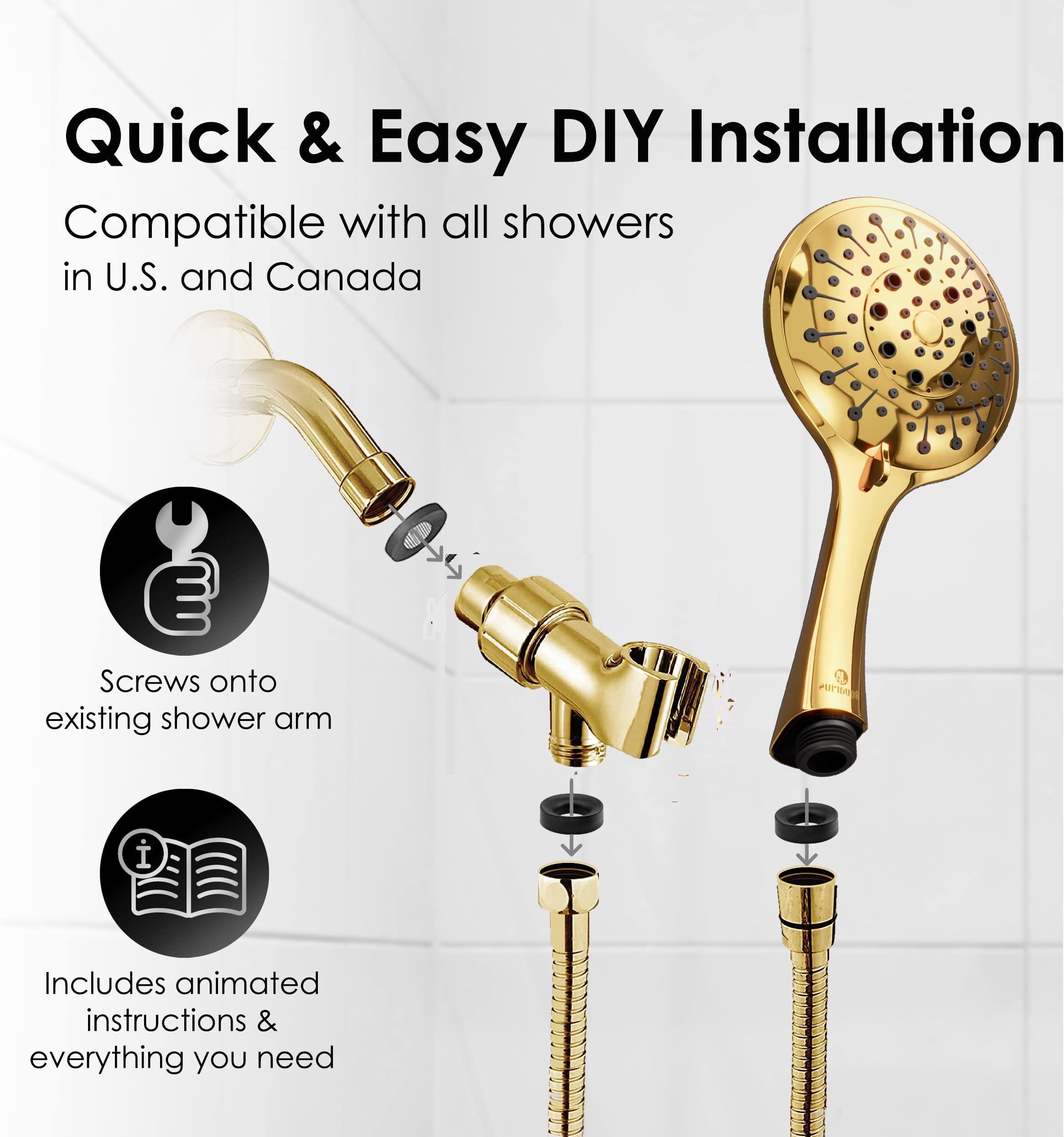 Wellness & Co Aquarius Gold Shower Head With Handheld Sprayer, 6 Spray Settings High Pressure Polished Brass Shower Head With Hose (Extra Long) & Adjustable Brass Ball Bracket Kit, Shower Head Gold Finish