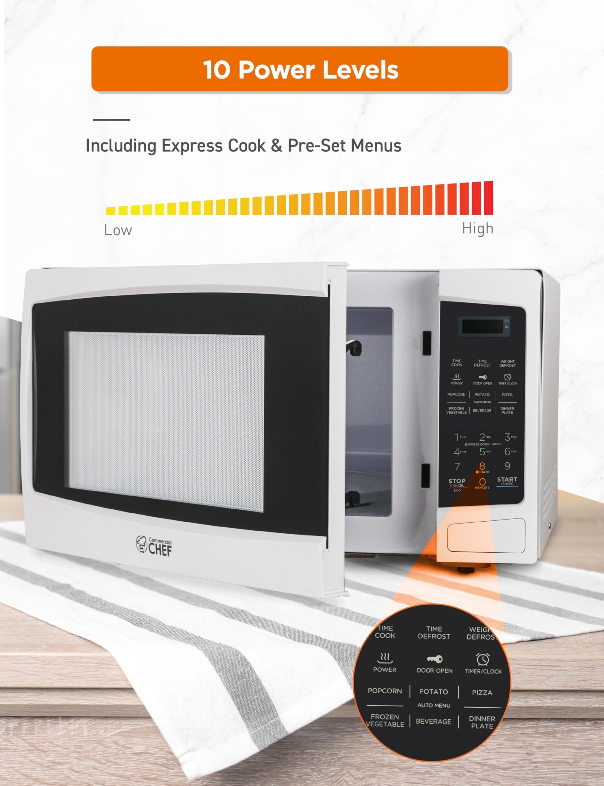 Commercial CHEF COMMERCIAL CHEF 1.1 Cu Ft Microwave with 10 Power Levels, Microwave 1000W with Push Button Door Lock, Countertop Microwave with Microwave Turntable and Digital Controls, White
