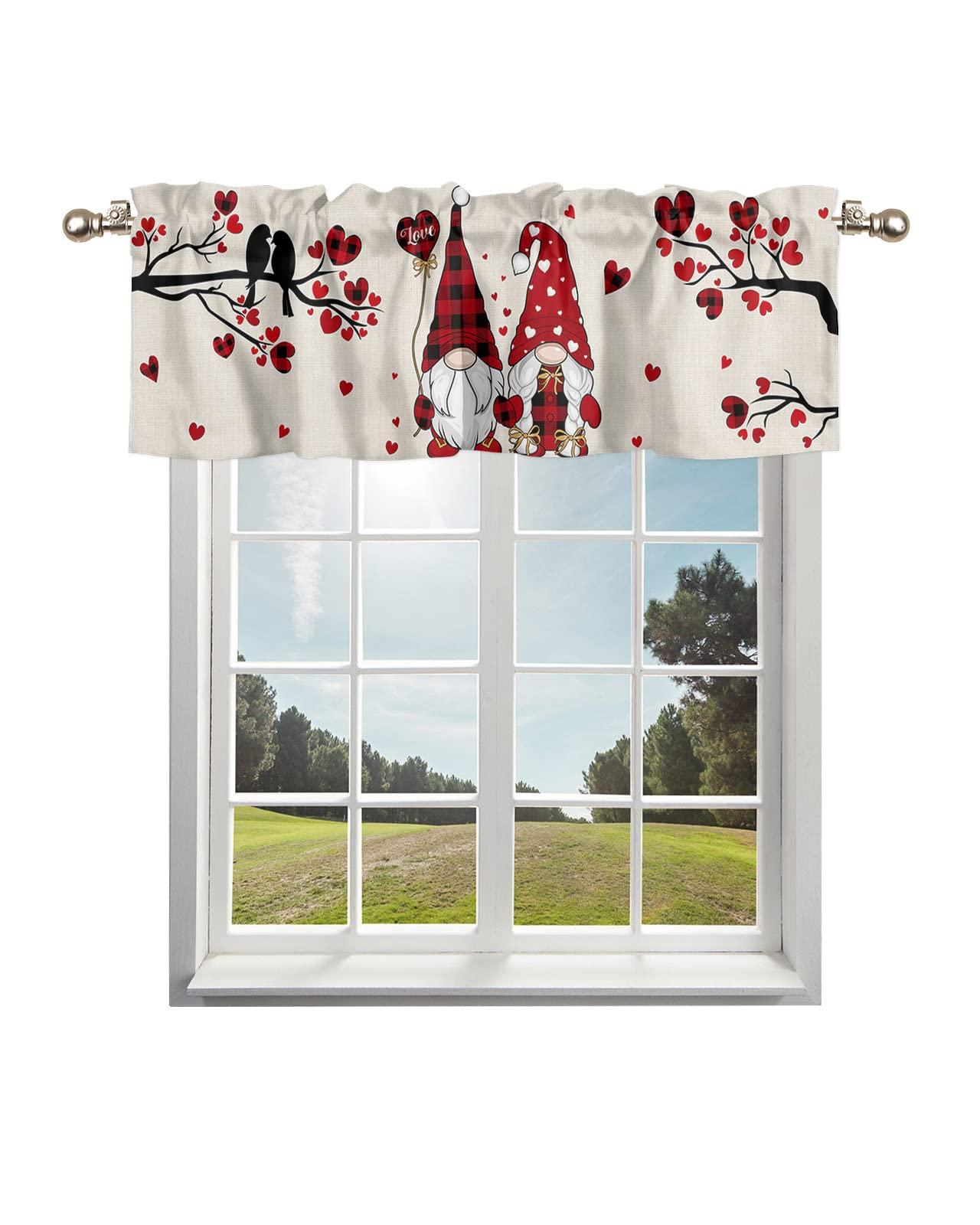 Kewadony Kewadony Kitchen Curtains Valances, Valentine\'s Day Rod Pocket Valances for Windows, Red Black Plaid Gnomes Love Tree Burlap Short Window Valances for Living Room/Bedroom, 54 x 18 Inch