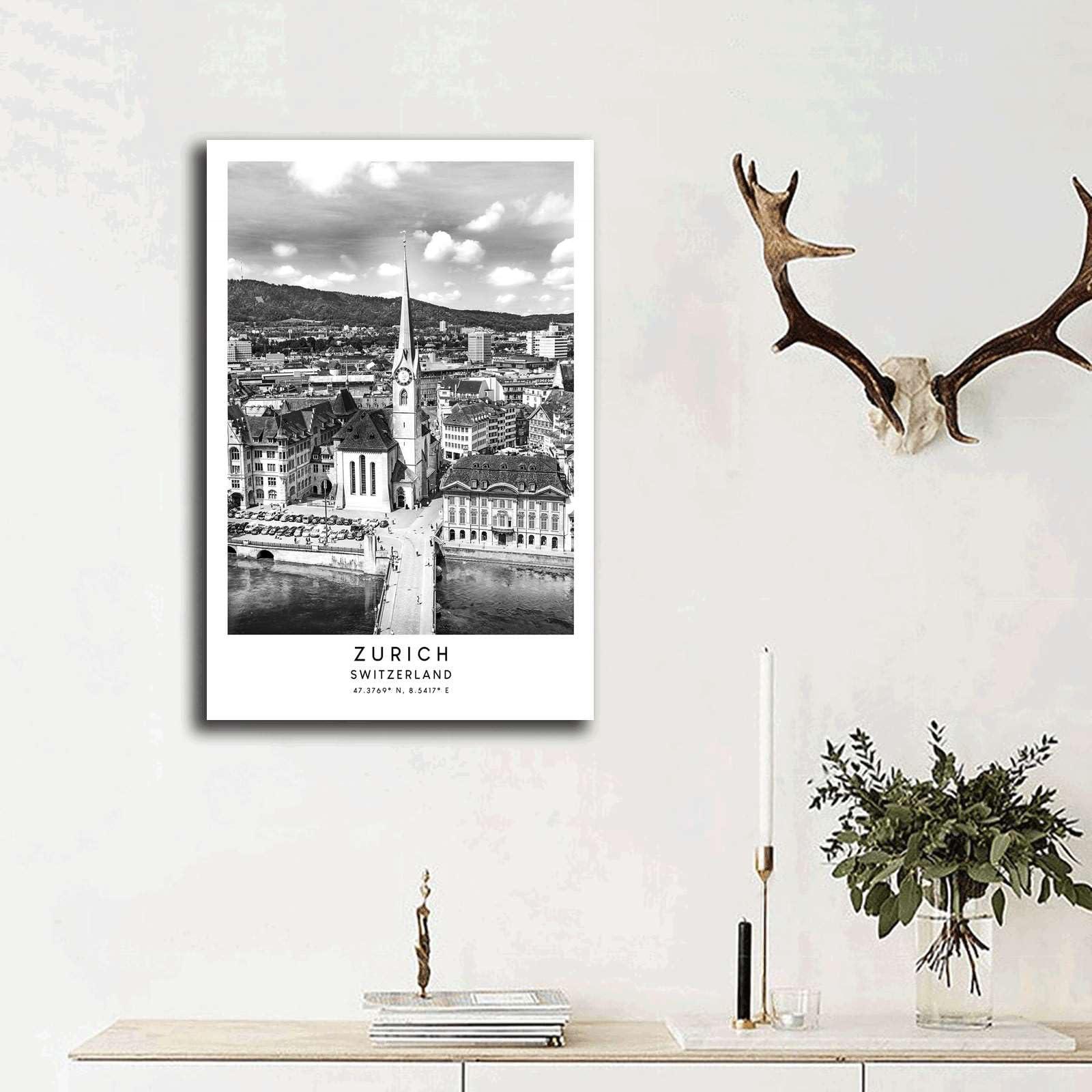 GHTYER Canvas Posters and Prints Wall Art Pictures Zurich Travel Print Black And White Zrich Switzerland Poster Zurich City Print Minimalist Zurich Wall Art Kitchen Dining Room Wall Home Decoration 16x24inch wood Frame