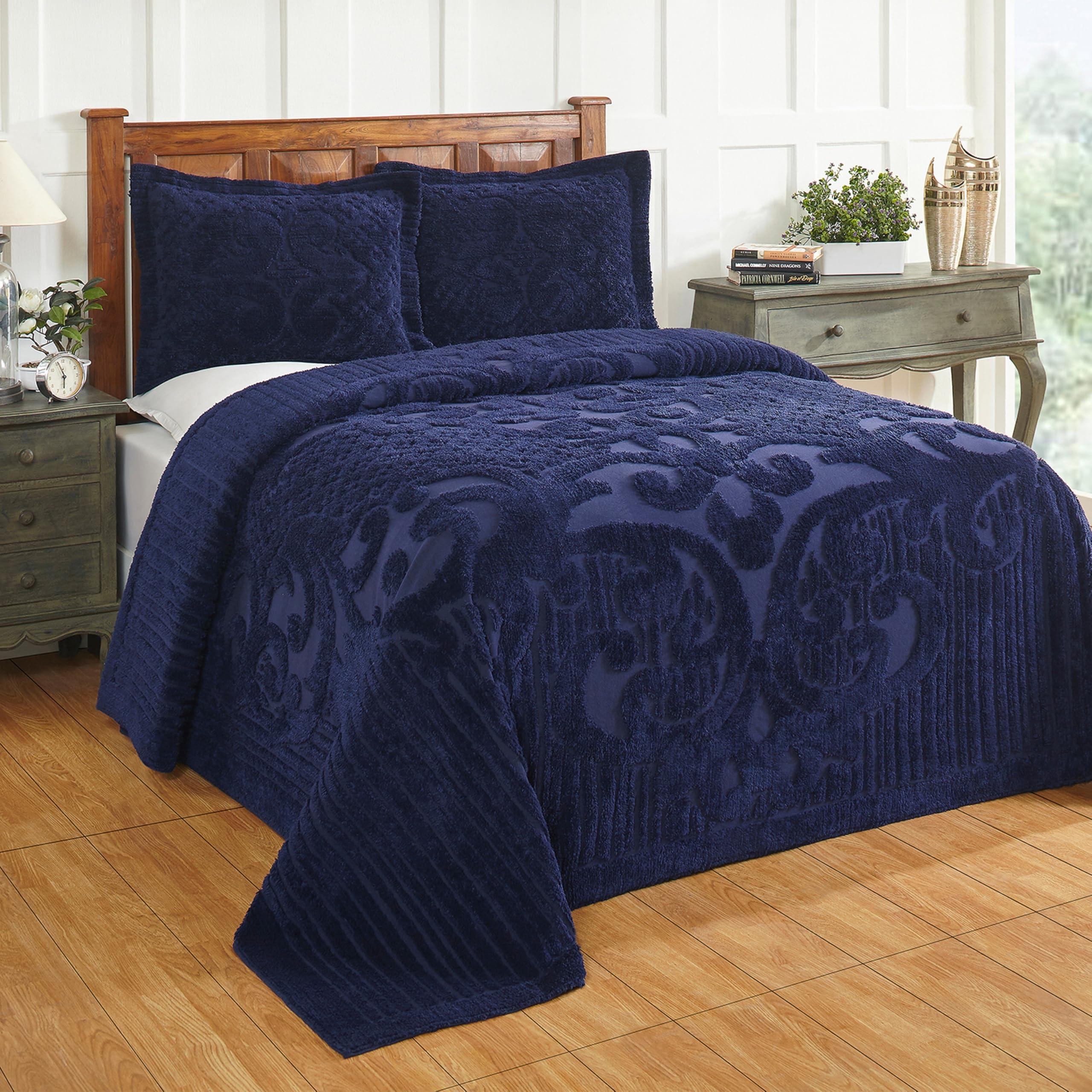 Better Trends Better Trends 100% Cotton Chenille Bedspread Set 3 Pieces Queen Size Bedspreads Navy Soft Bedspread Coverlet All Season 102\"x110\" with 2 Standard Sham Medallion Design Ashton Collection
