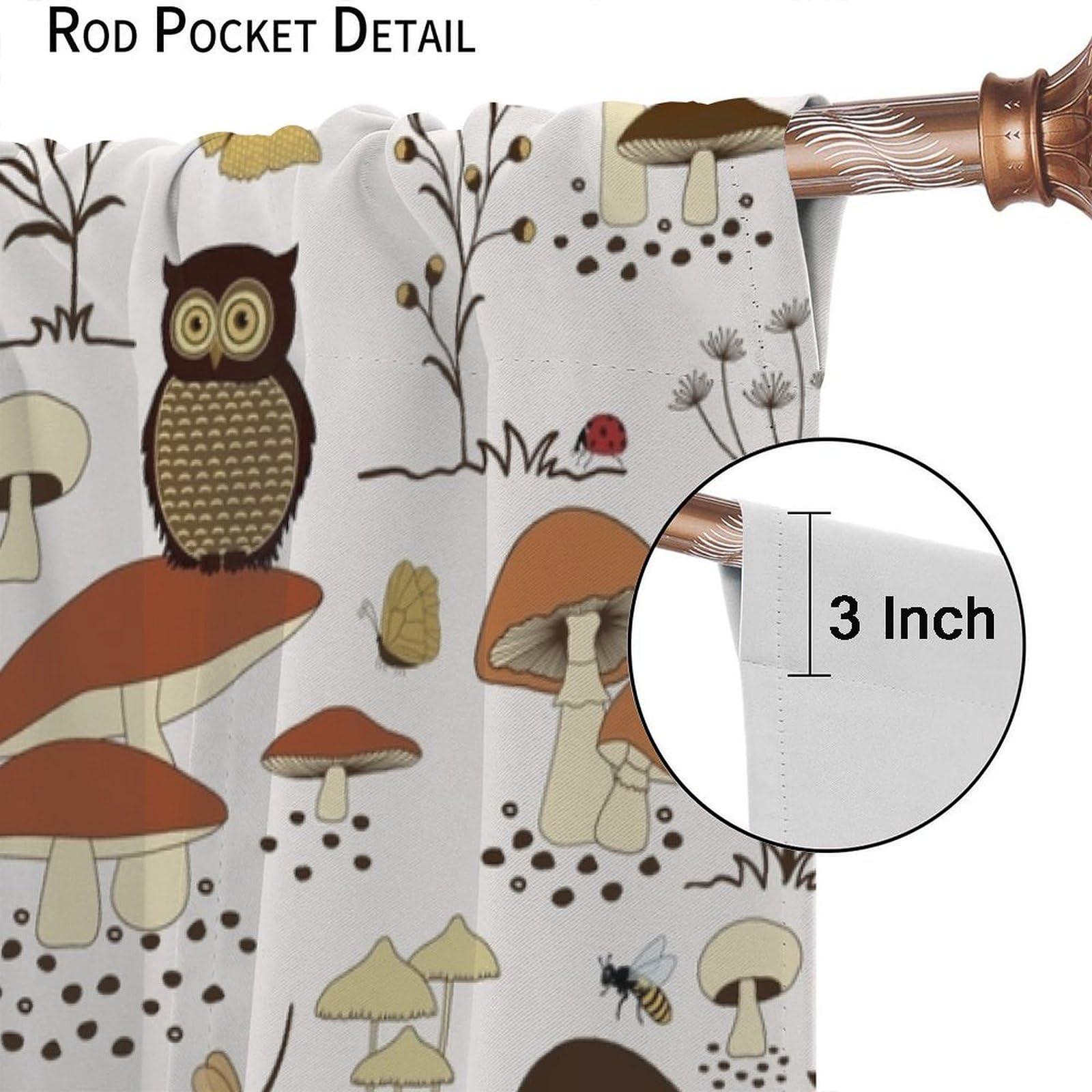 KANEPE Mushroom Blackout Curtains, Funny Cartoon Owls and Cute Cartoon Mushrooms Window Treatments, Rod Pocket Thermal Insulation Drapes for Bedroom Living Room Kitchen Decor, 55" W X 63" L