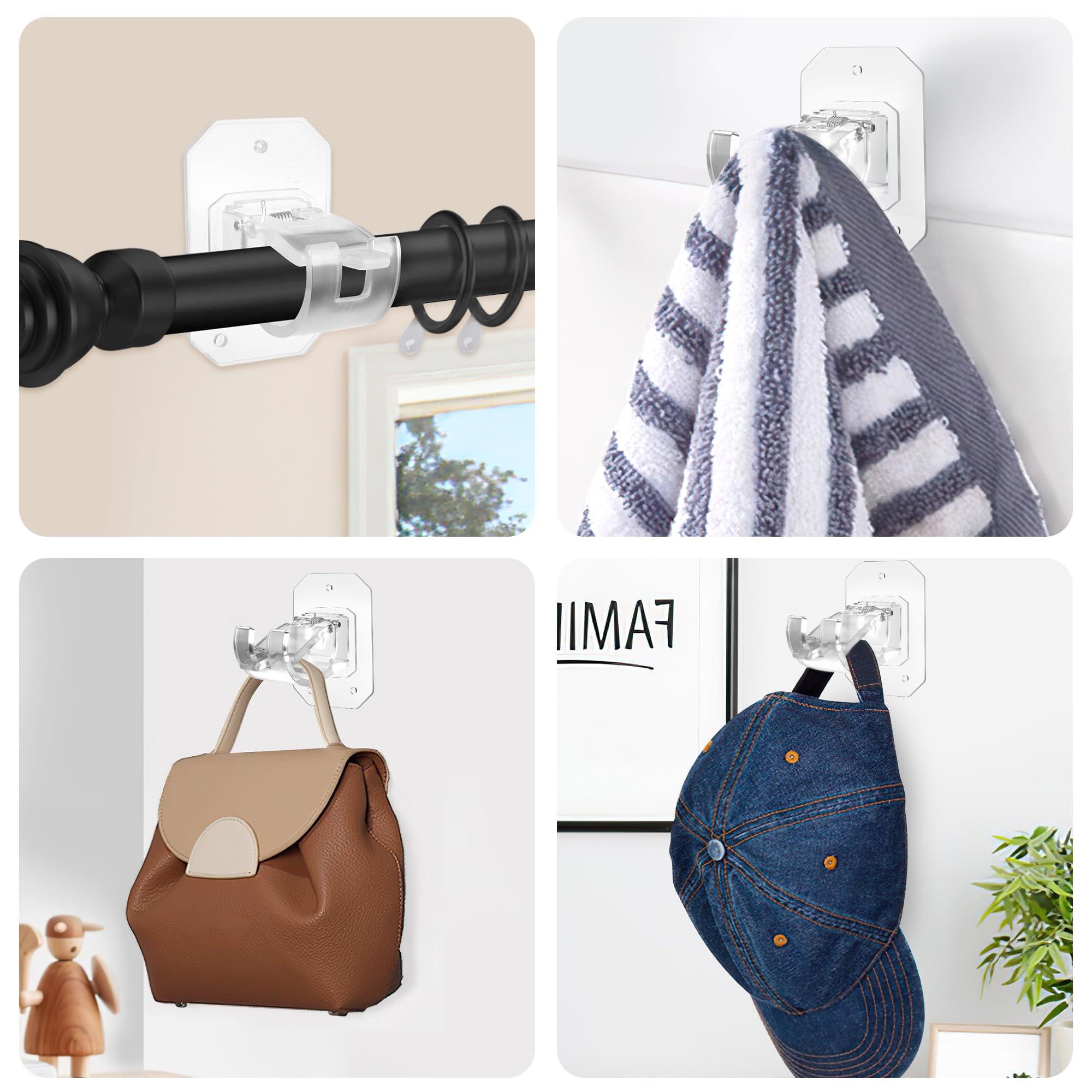 Codoule 2PCS No Drill Curtain Rod Brackets,Curtain Rod Holders No Drilling,Adhesive Curtain Rod Hooks,Nail Free Adjustable Curtain Hangers,Lokinsetin Perforated Non Nail Screw Stick On Sticky Drape Pole Stand